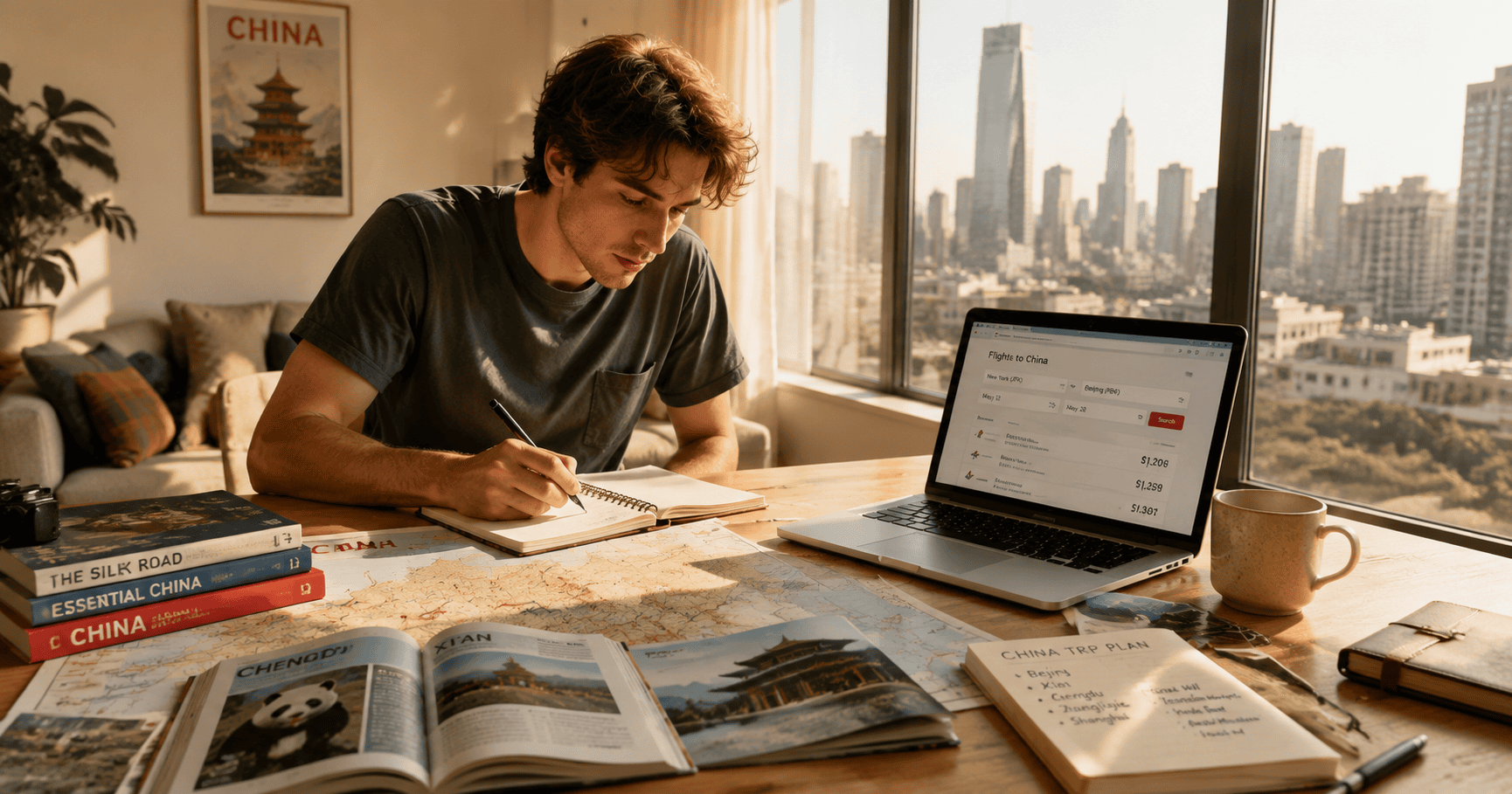 Traveler planning a China trip with maps and laptop in sunlit living room