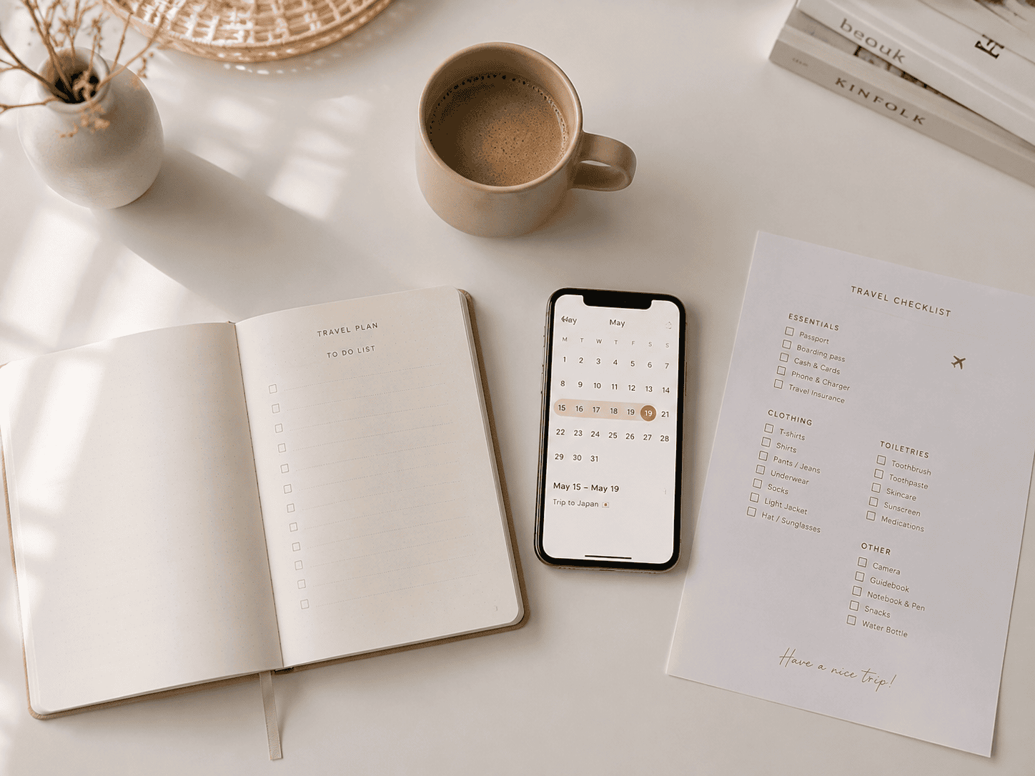 Desk with travel notebook, coffee, phone showing travel dates, and printed checklist