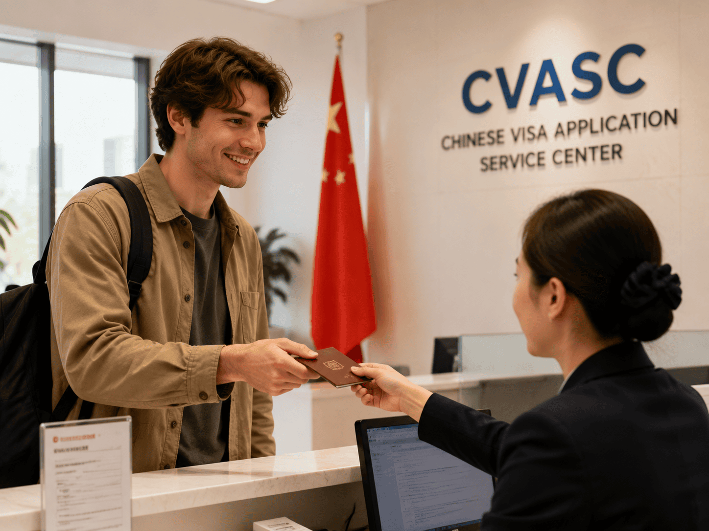 Traveler handing passport to staff at CVASC visa center counter