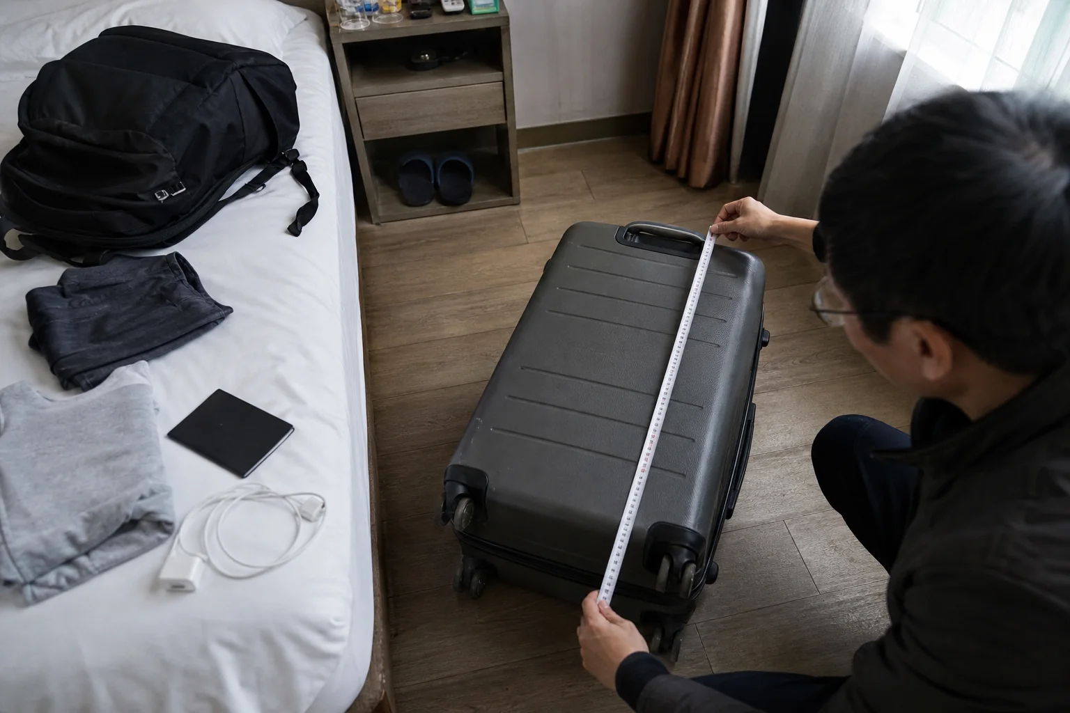 Traveler measuring a suitcase before taking a China high-speed train