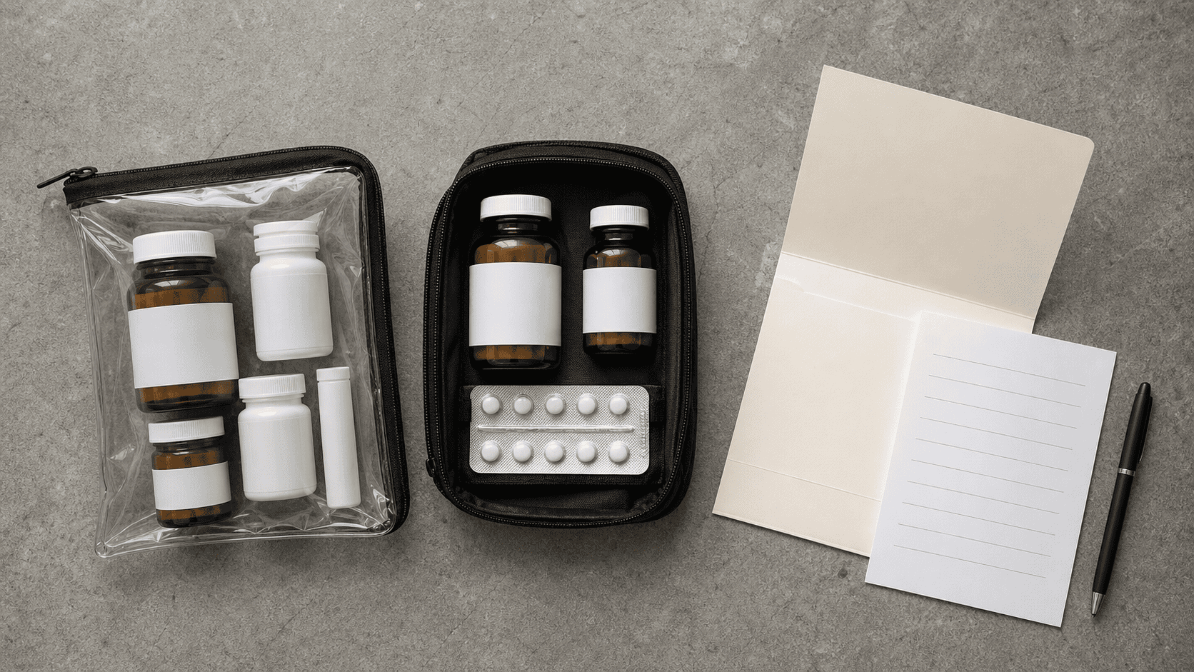 Prescription bottles in original packaging beside a transparent medicine pouch and supporting documents
