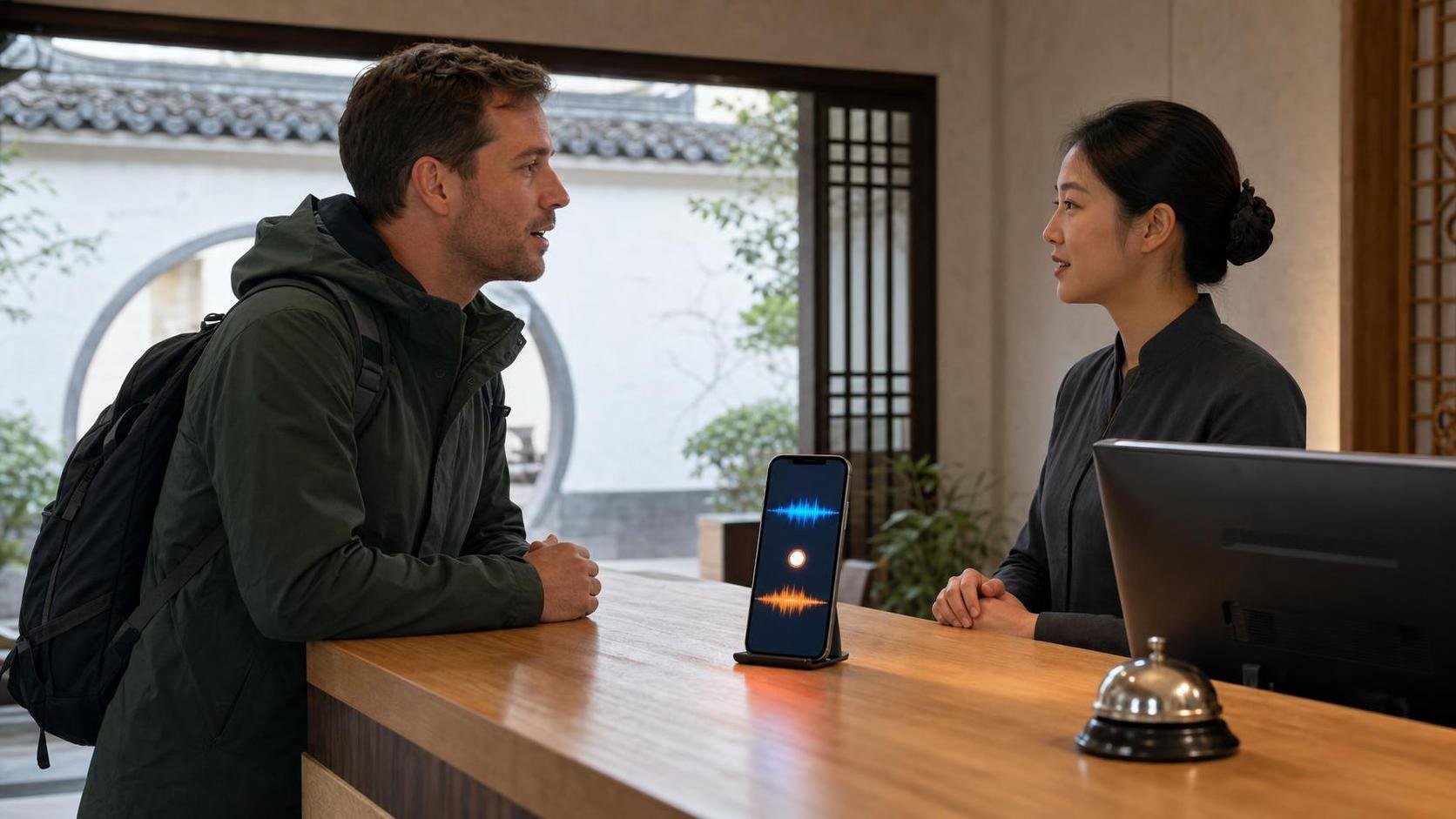 Solo traveler using a phone to communicate with a hotel receptionist in China