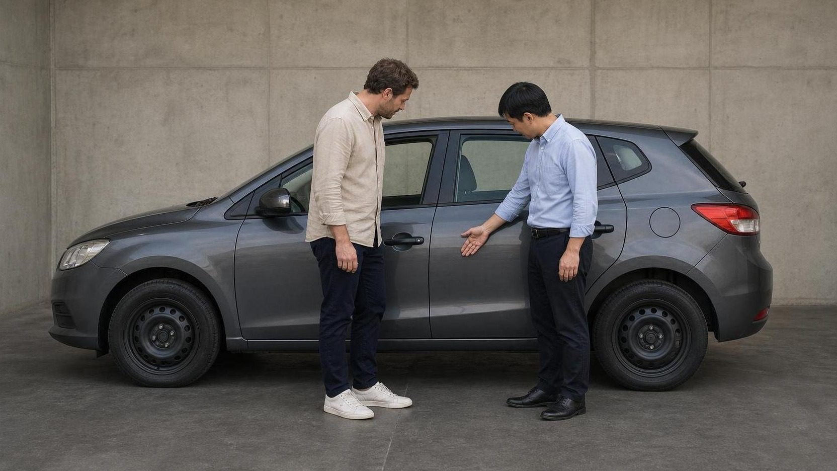 Traveler and rental employee checking an unbranded car before pickup in China
