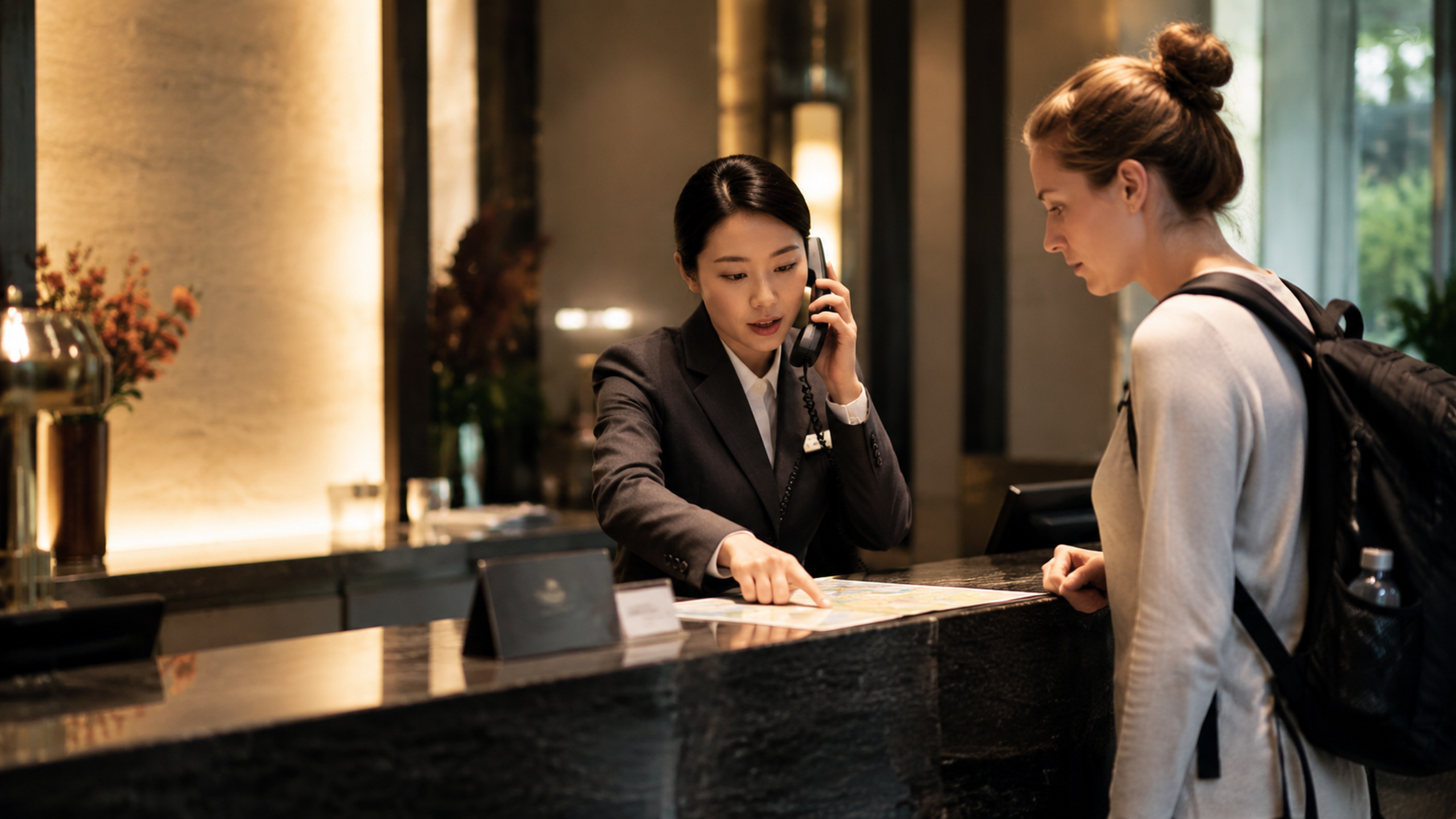 Hotel staff helping a foreign traveler contact medical assistance in China