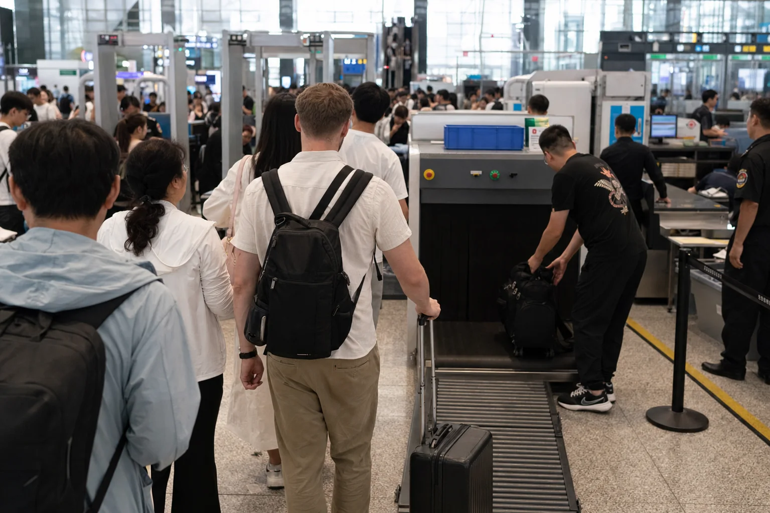 Passengers putting luggage through security at a Chinese railway station