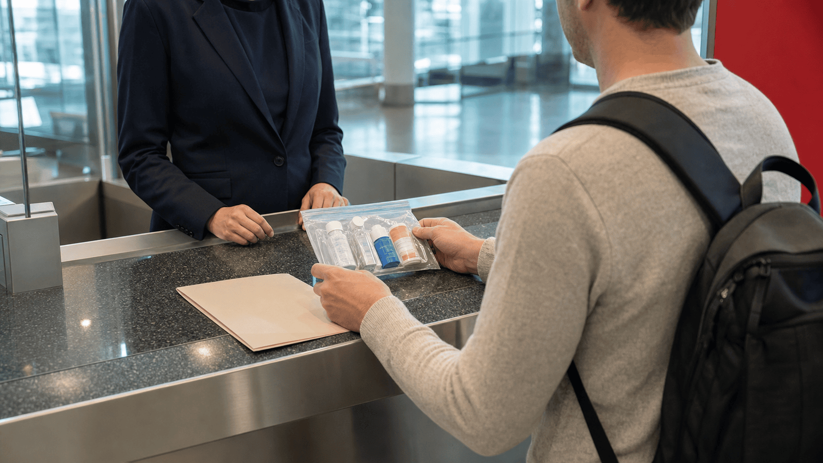 Traveler presenting a sealed medicine pouch and supporting documents at an airport customs counter