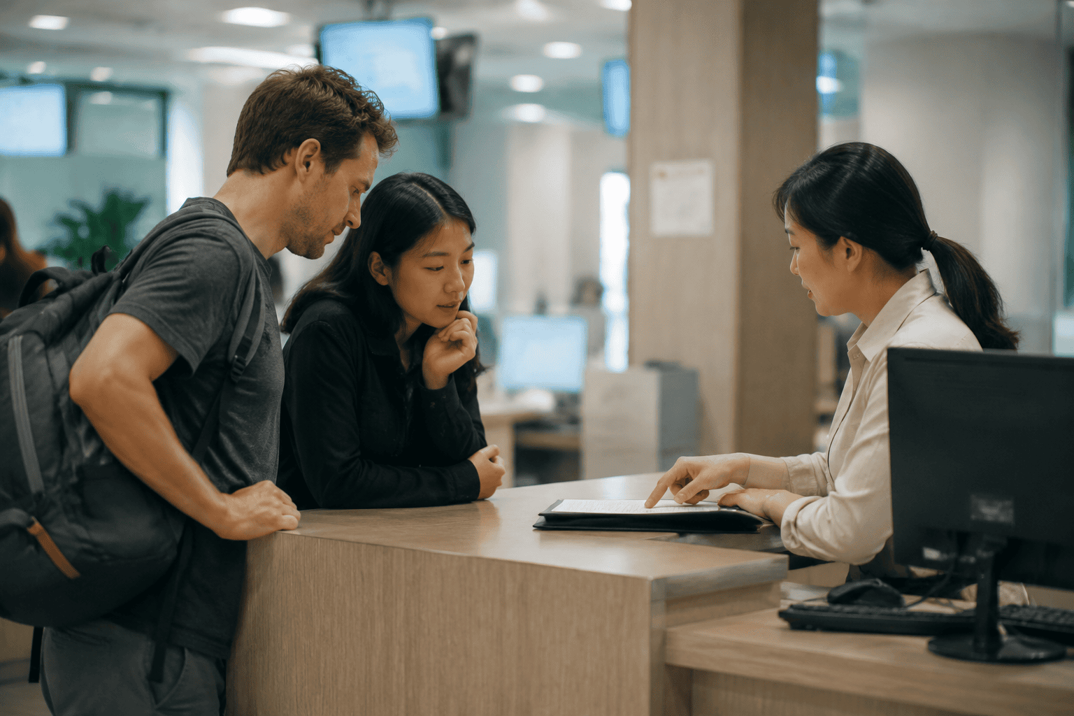 Foreign travelers asking for accommodation registration help at a local service counter in China
