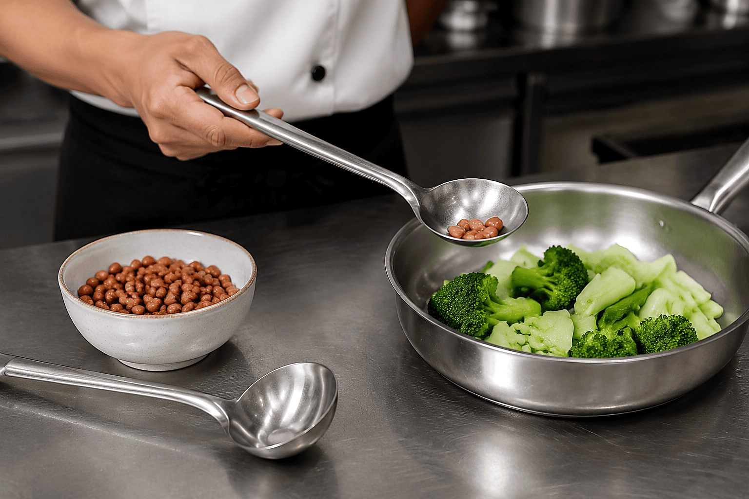 A shared ladle moving peanuts toward vegetables as an example of cross-contact
