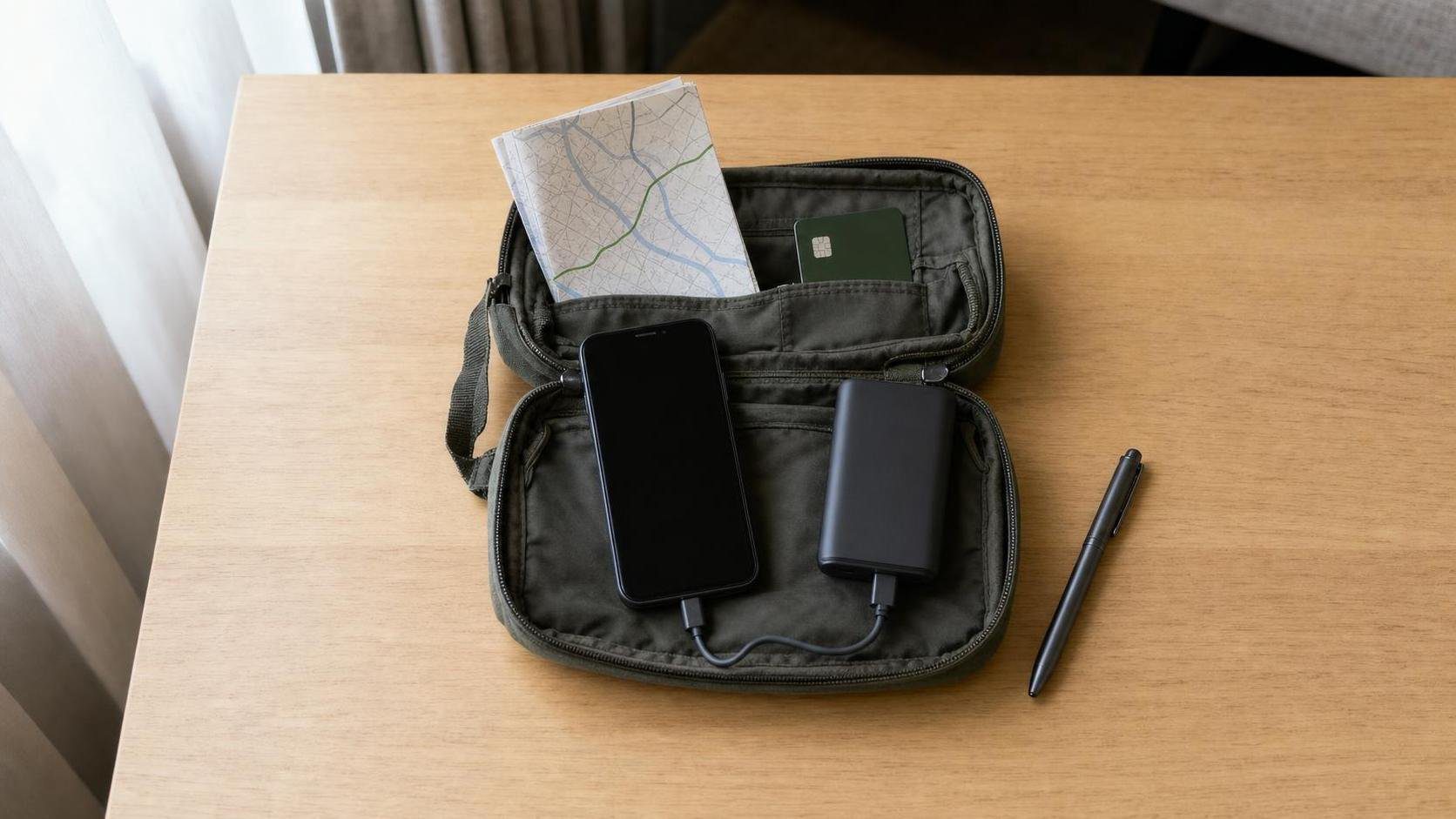 Offline backup kit for solo travel in China with a phone, power bank, spare card and paper map