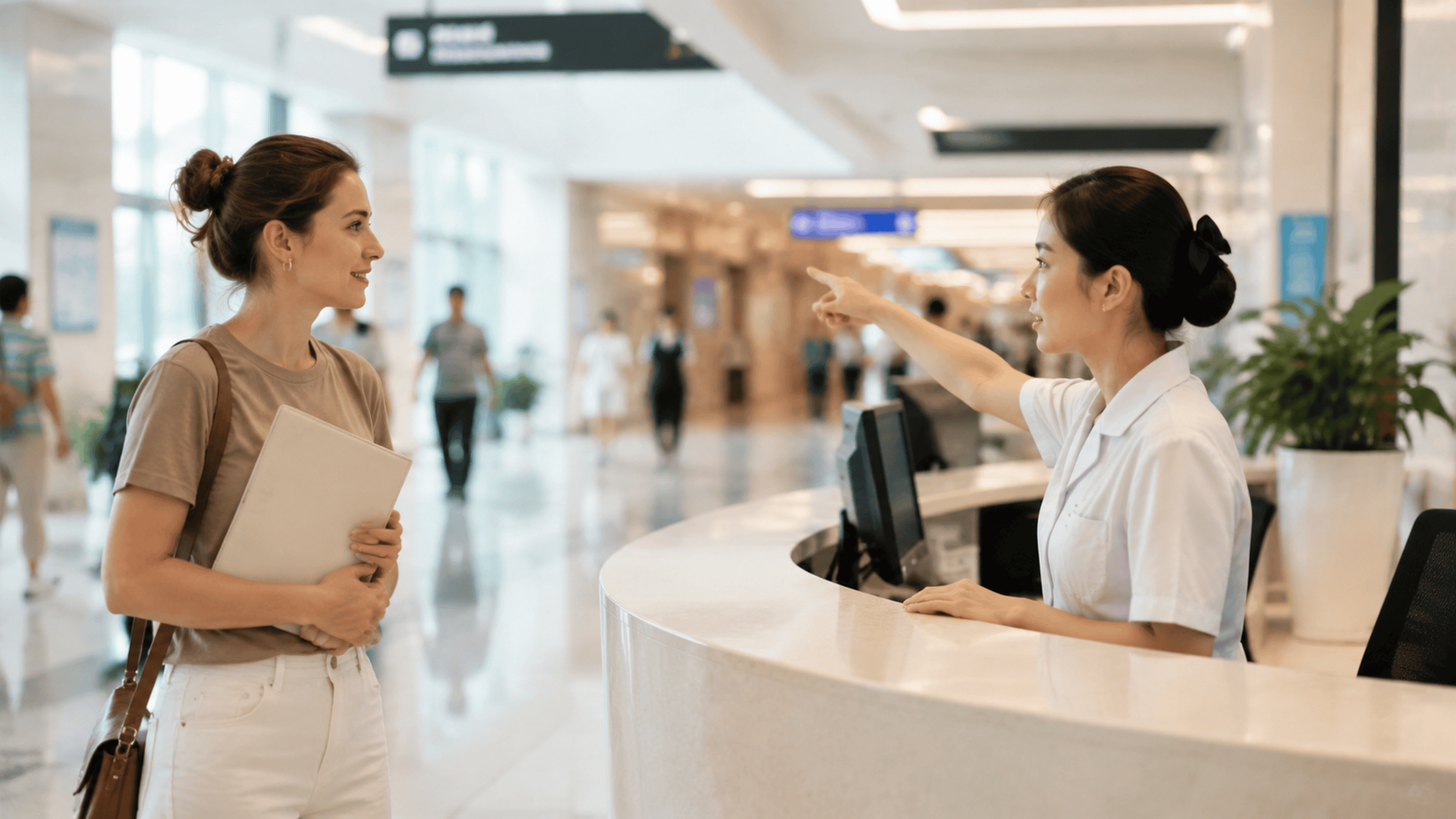 Foreign traveler asking for directions at a hospital in China