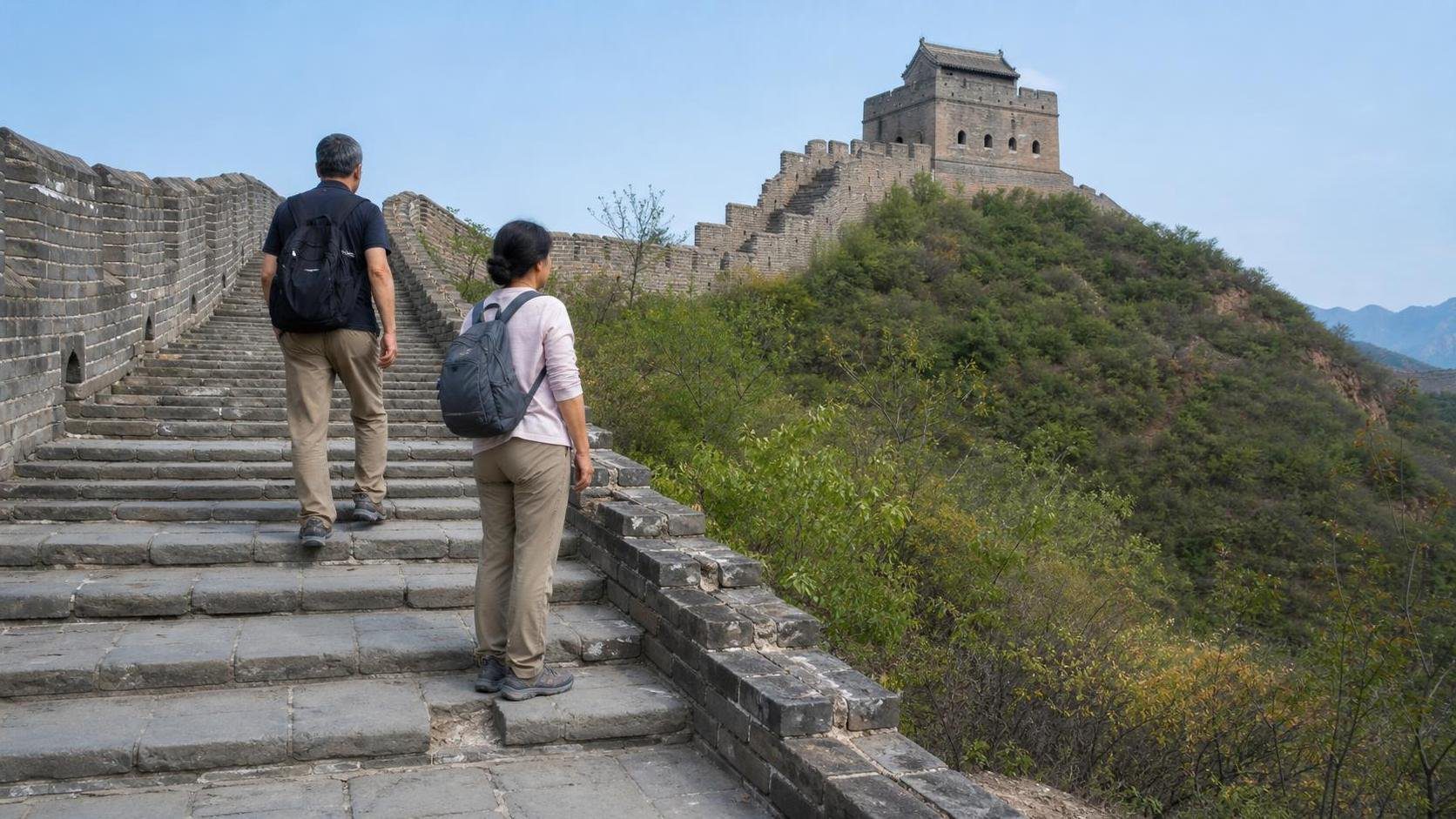 Two travelers pacing themselves on steep stone steps along a restored Great Wall section.
