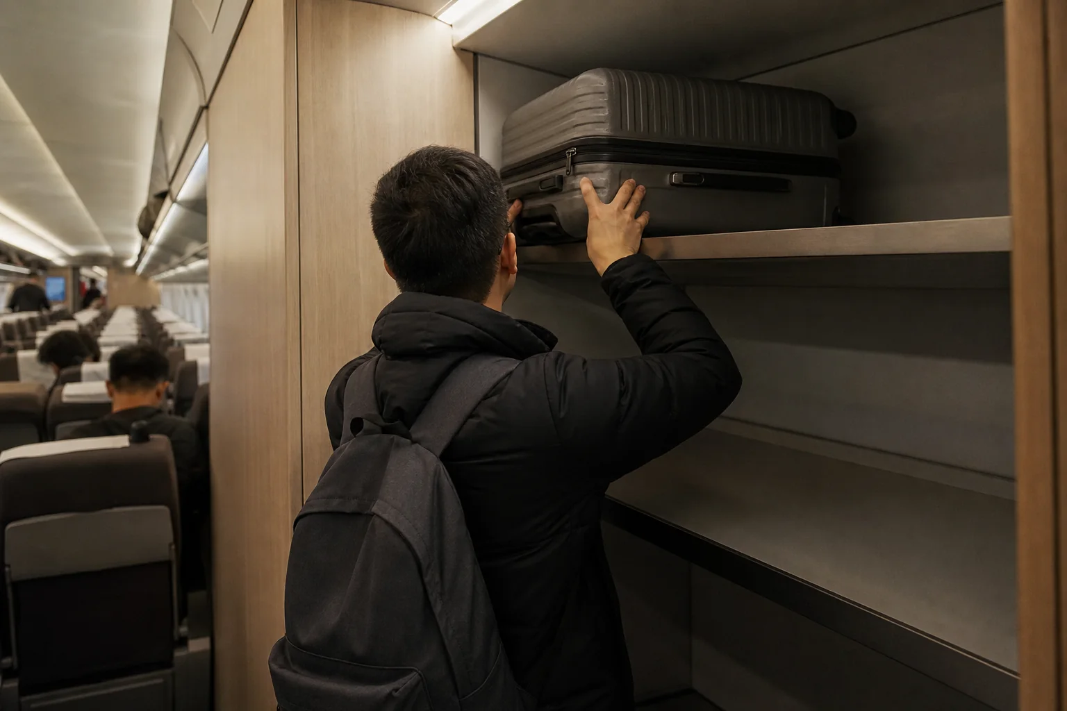 Traveler storing a suitcase inside a China high-speed train carriage