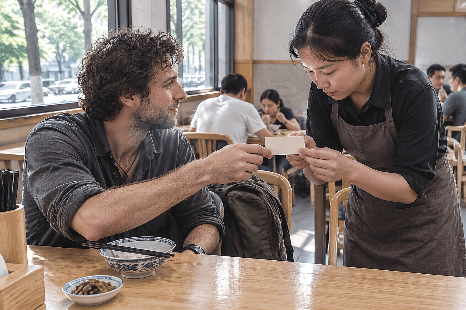 Traveler handing a dietary communication card to a restaurant server in China