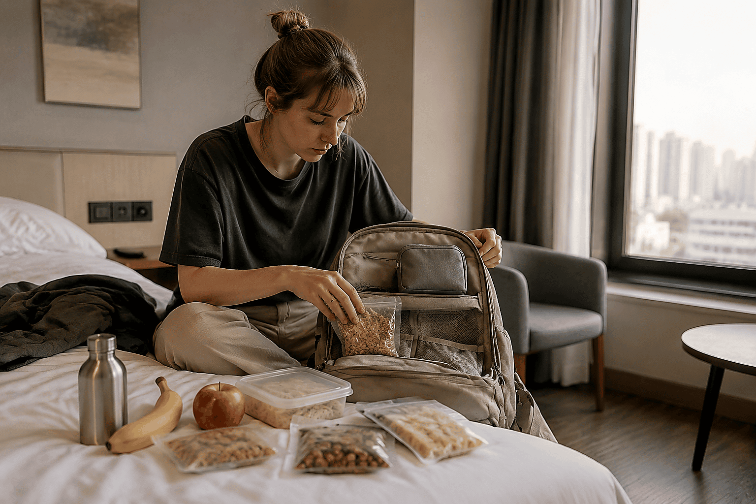 Sealed backup snacks and simple foods packed for a day of travel in China
