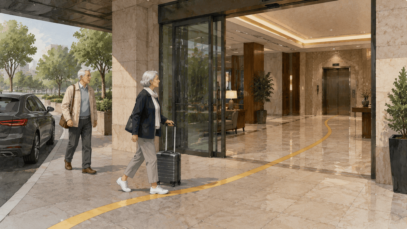 Older travelers following a continuous step-free route from a hotel drop-off point to the lobby elevator.