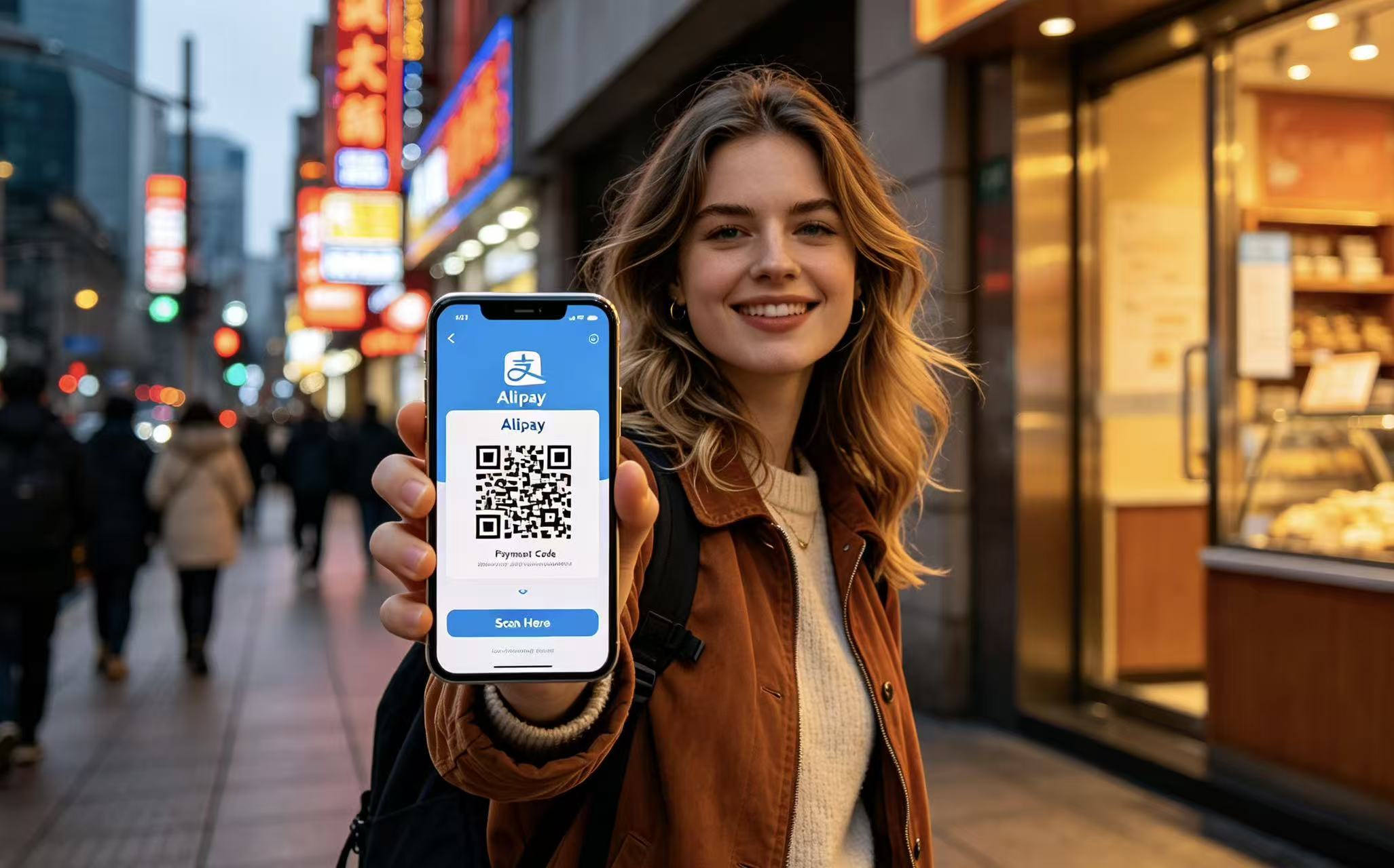 Foreign tourist using Alipay on iPhone in Shanghai street