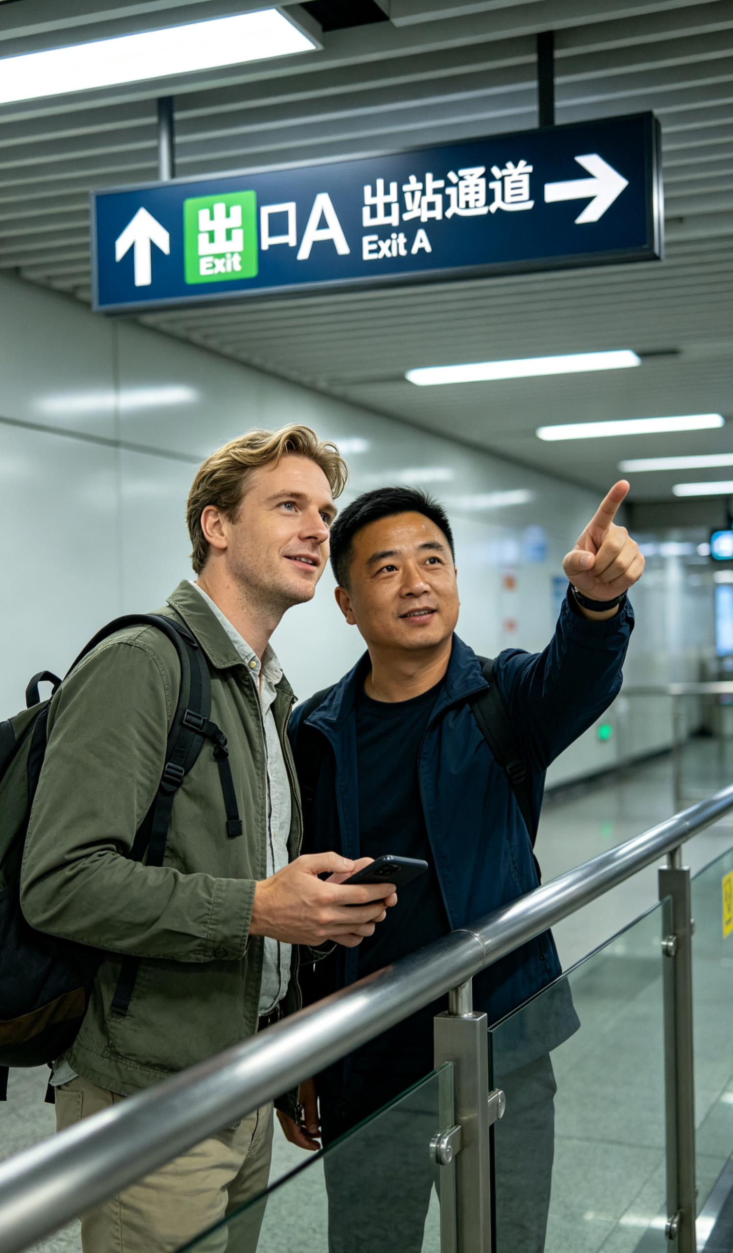 A local Chinese resident pointing directions to a foreign traveler outside a subway station — the best navigation app is a person who lives here