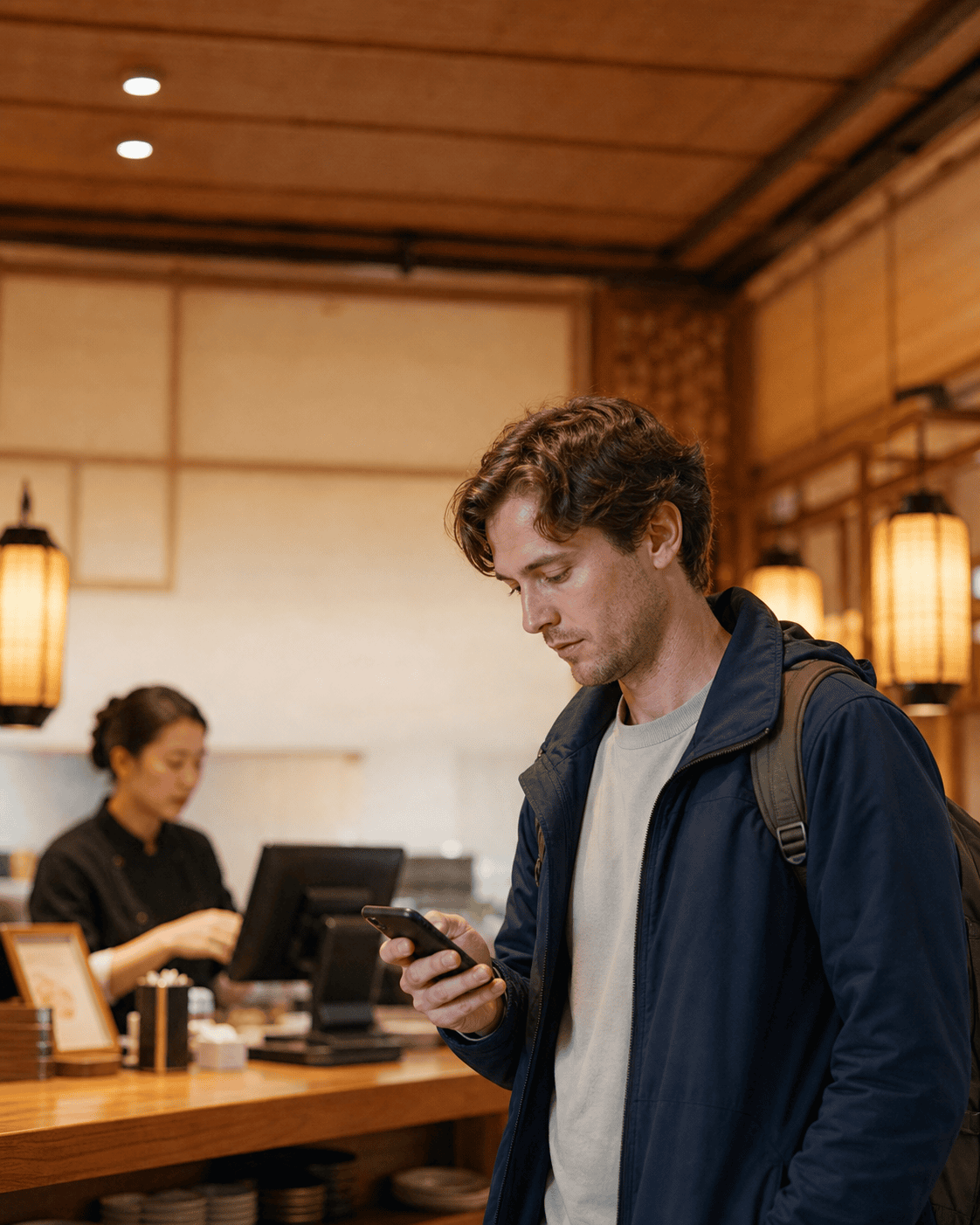 Traveler checking a payment app at a restaurant in China