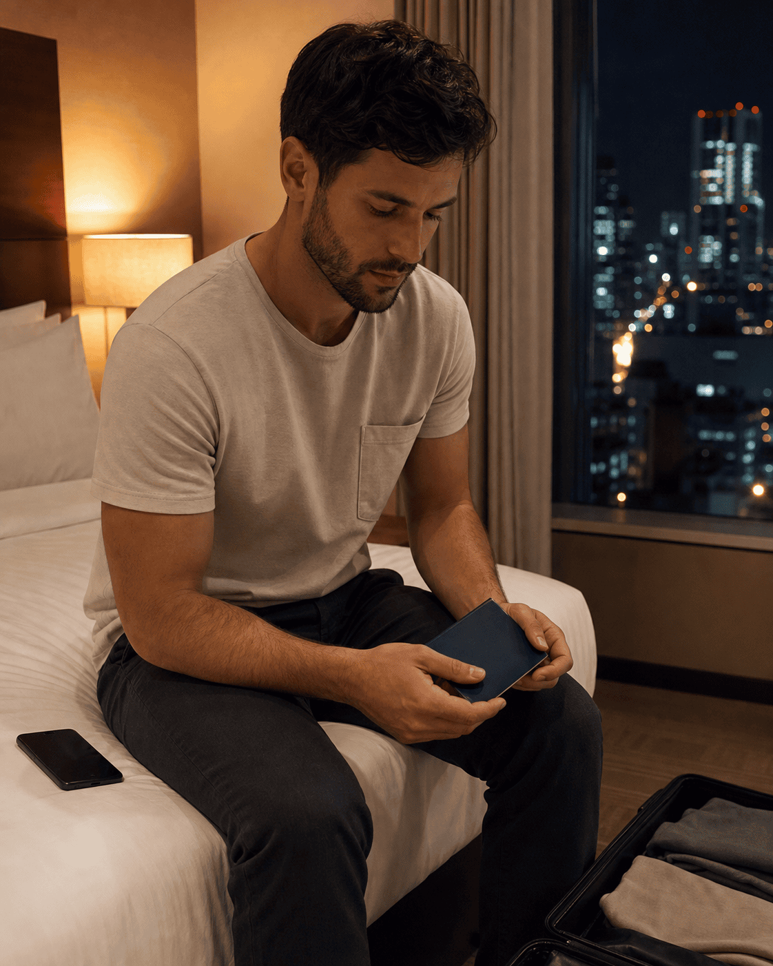 Traveler checking a passport in a hotel room in China at night