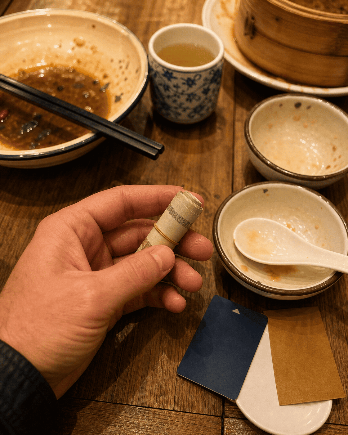 Rolled emergency cash on a restaurant table in China