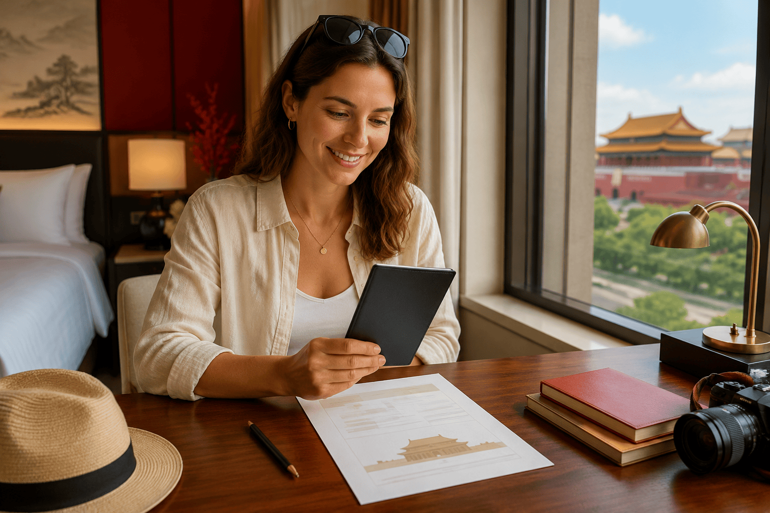 Foreign traveler preparing a passport and attraction ticket reservation for a China museum visit