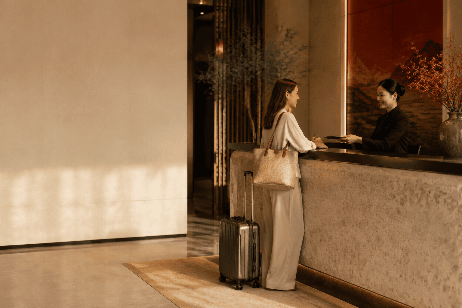 Traveler checking into a modern hotel in China with a passport and suitcase