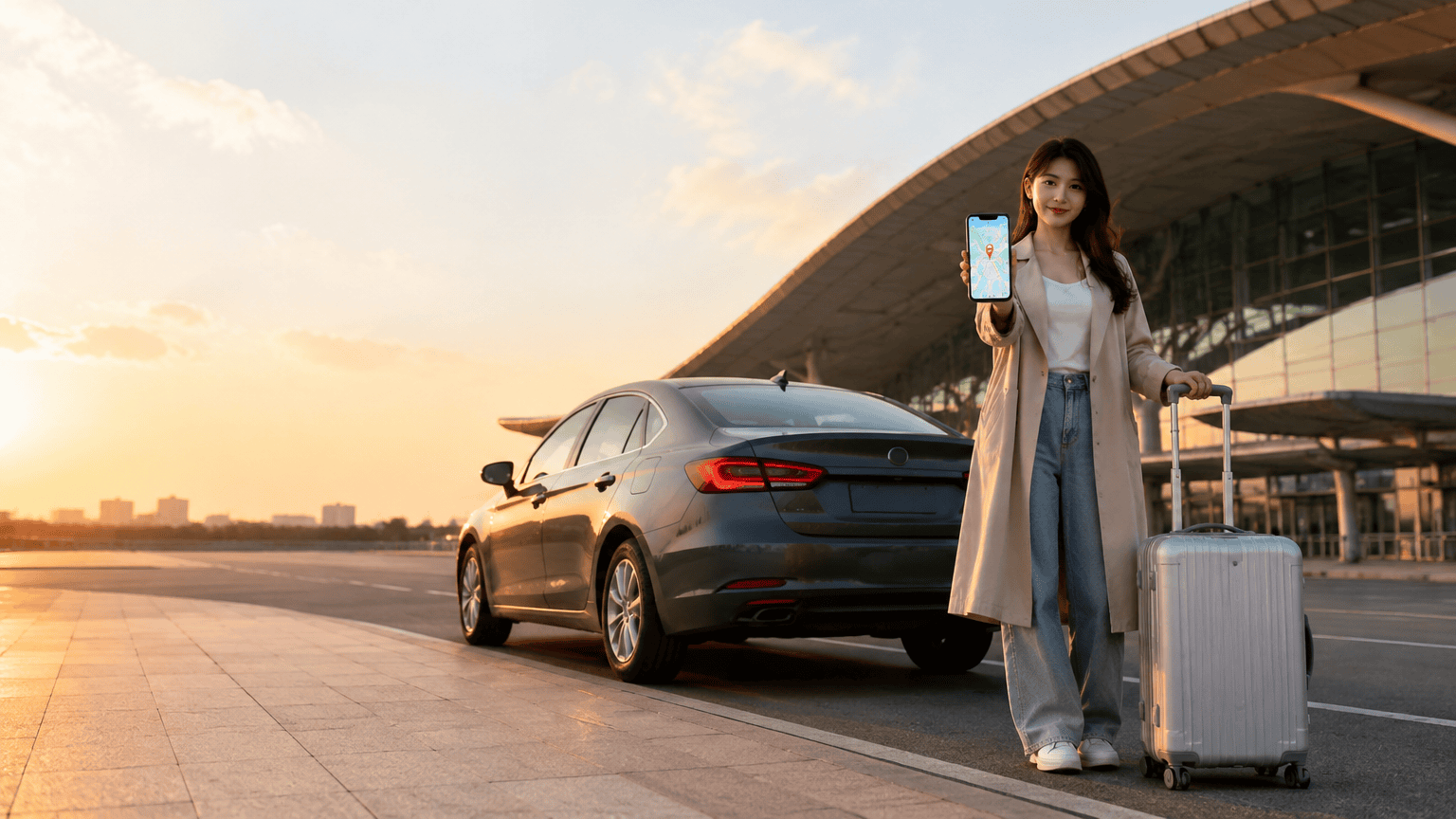 Foreign traveler with suitcase using a generic map on her phone at a China station ride-hailing pickup