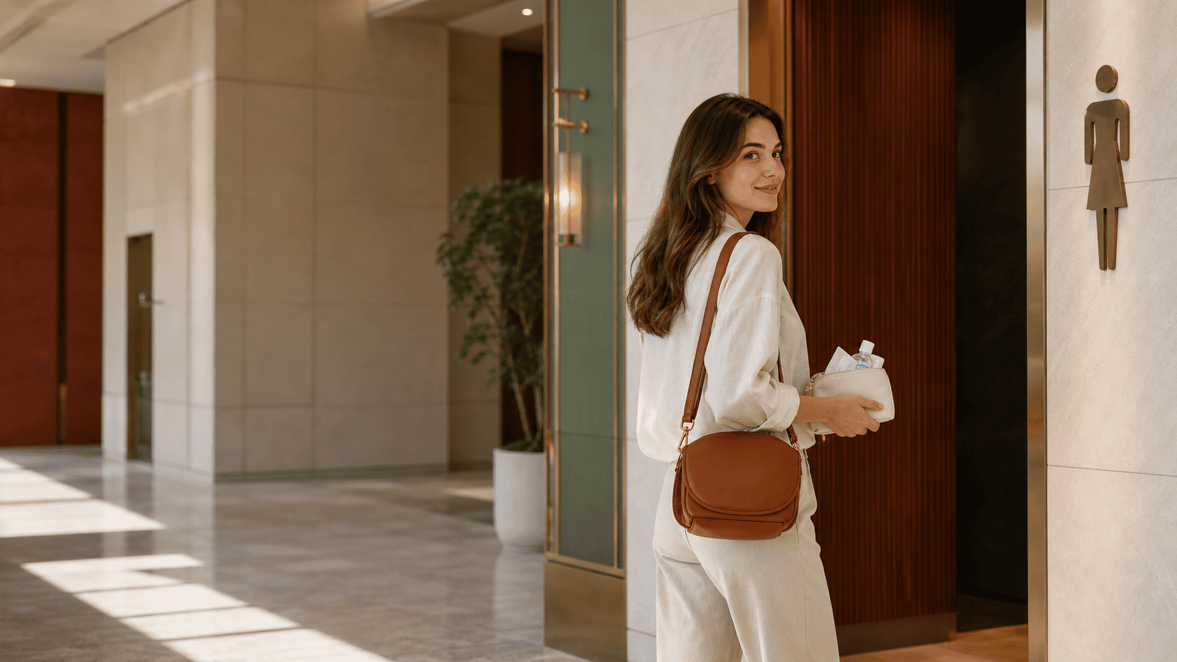 Foreign woman traveler checking a clean modern public restroom entrance in China while carrying a small day bag