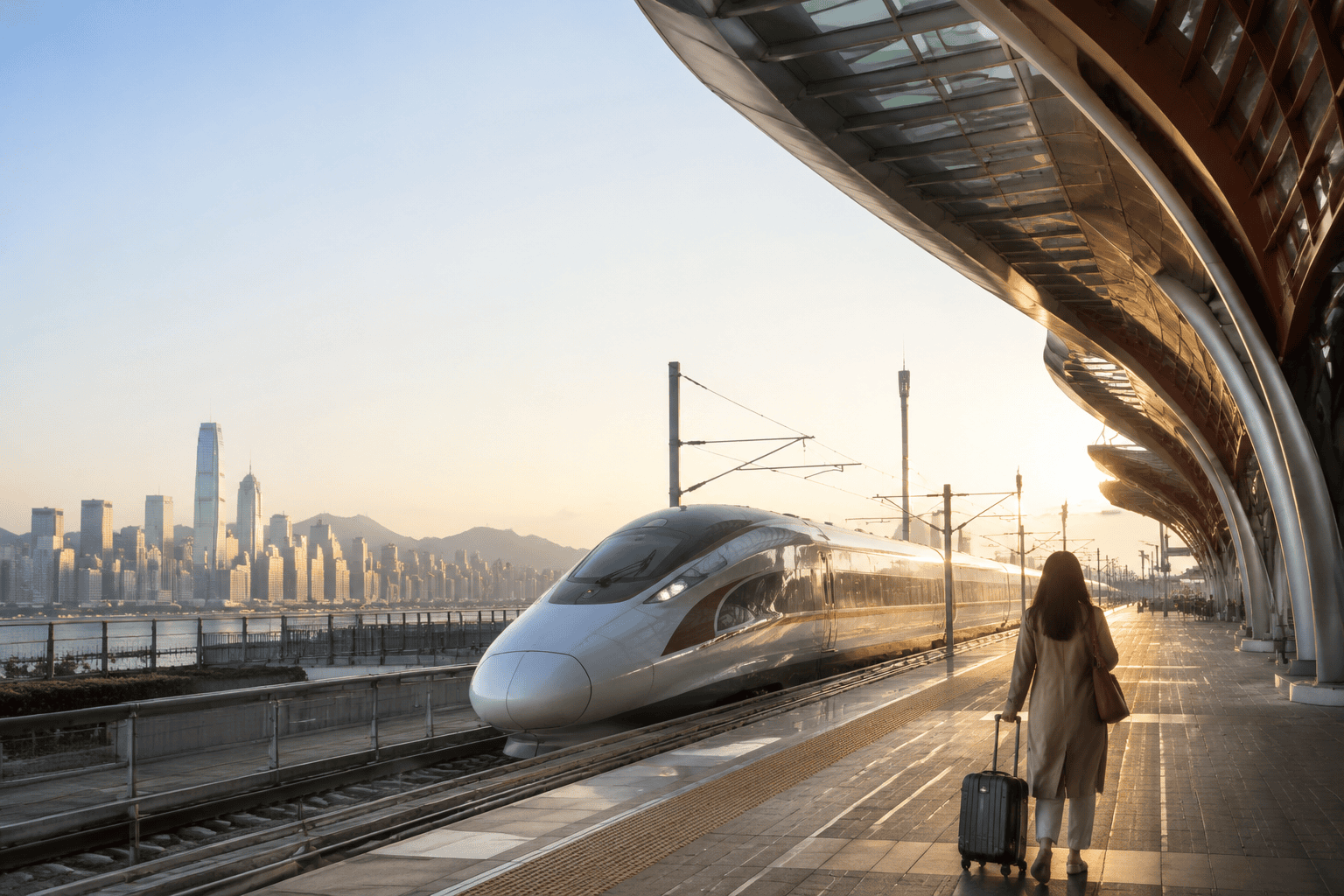 Traveler arriving at Hong Kong West Kowloon Station for a mainland China high-speed rail journey