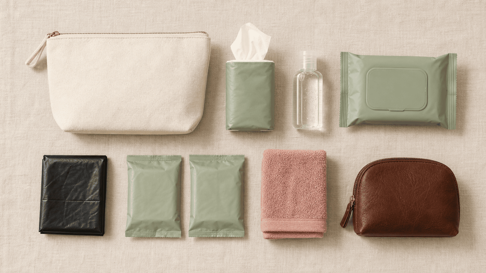 Compact China travel bathroom kit with tissues, hand sanitizer, wet wipes, disposal bag, and menstrual products