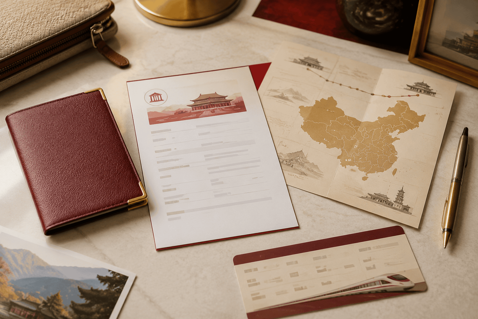 Travel planning desk with passport holder, attraction reservation confirmation, and China itinerary notes