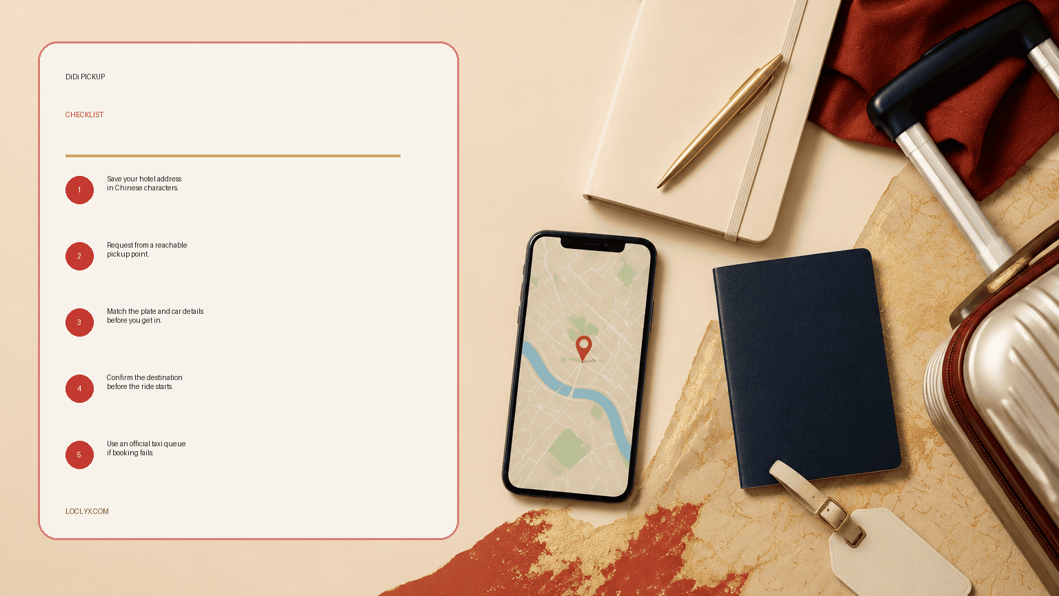 DiDi pickup checklist with phone map, travel documents, and luggage