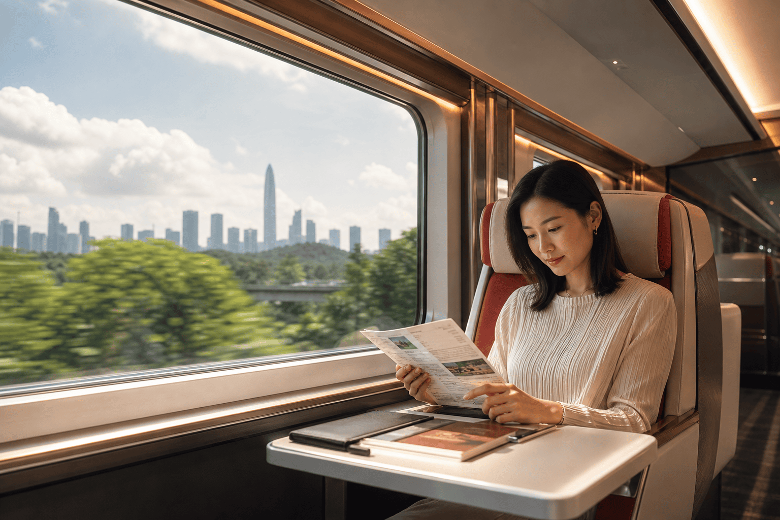 Traveler reviewing an itinerary on a high-speed train from Hong Kong to mainland China