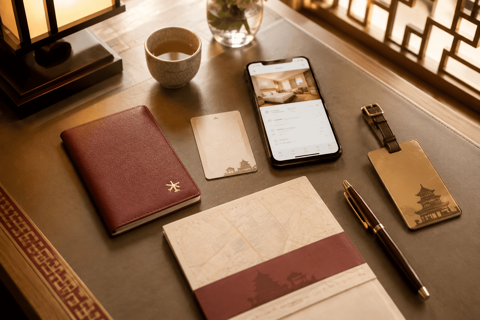 Hotel check-in preparation with passport holder, room key, and booking confirmation