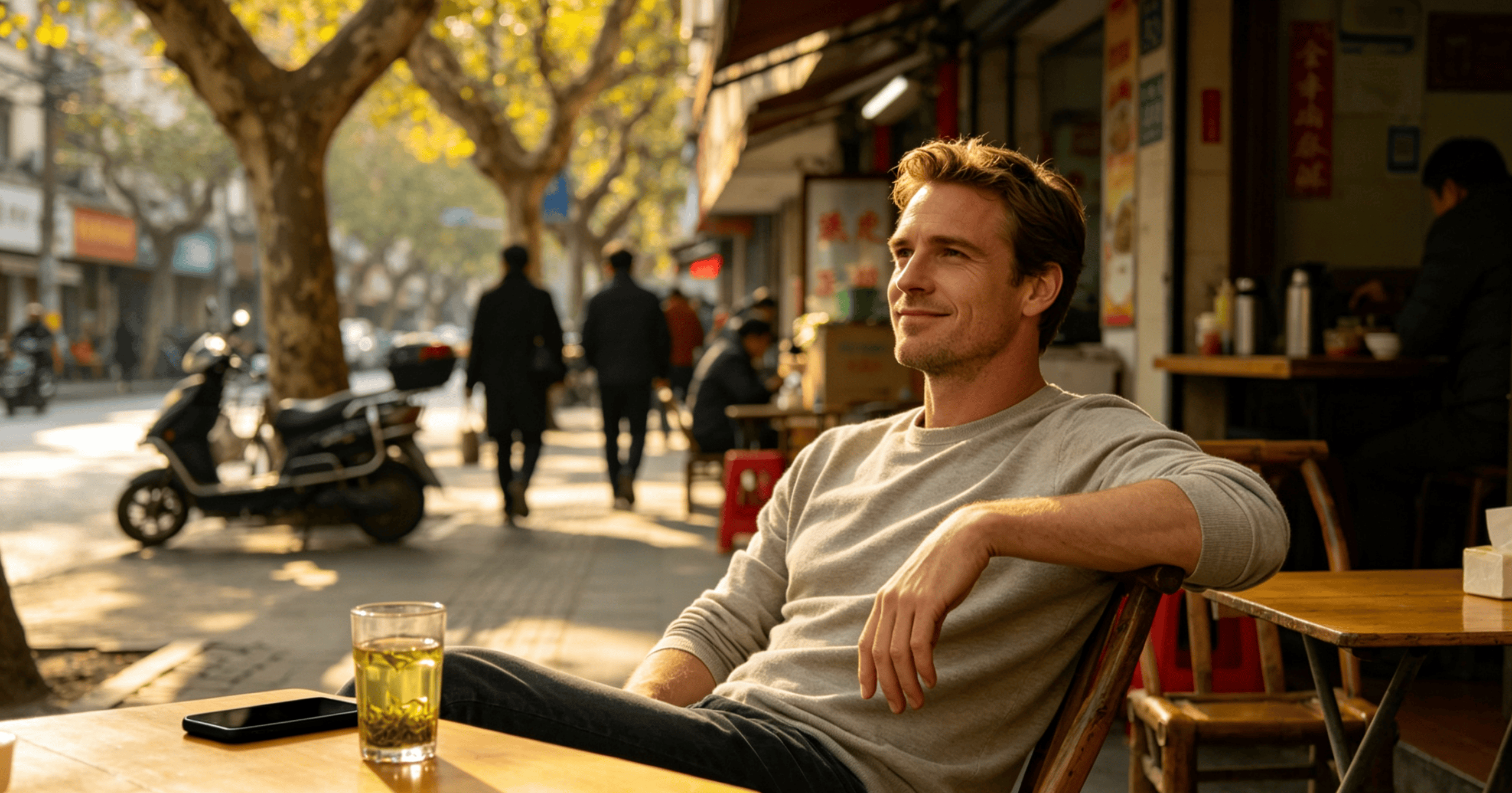 Foreign traveler sitting at a street-side tea shop in China, relaxed, drinking tea, enjoying the atmosphere — no phone, no stress, just the moment