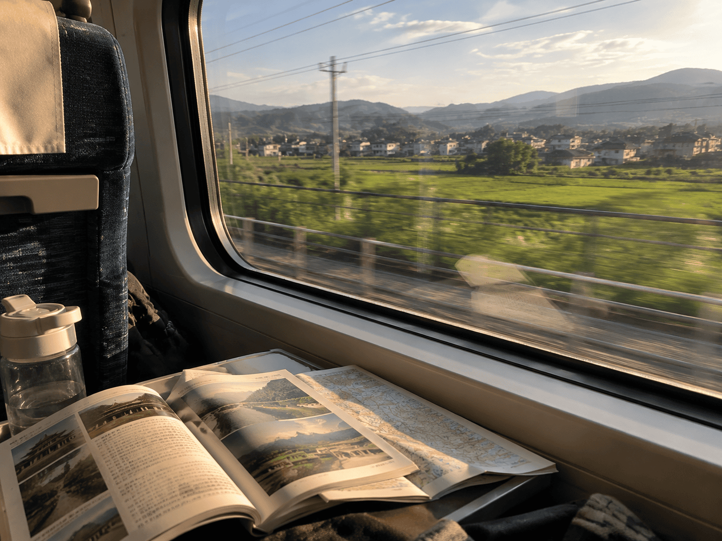 High-speed train window view in China with countryside scenery