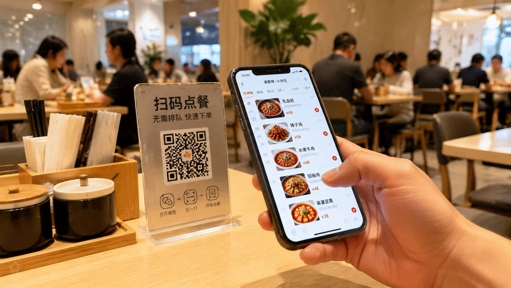 Foreign tourist scanning a QR code menu at a modern Chinese restaurant