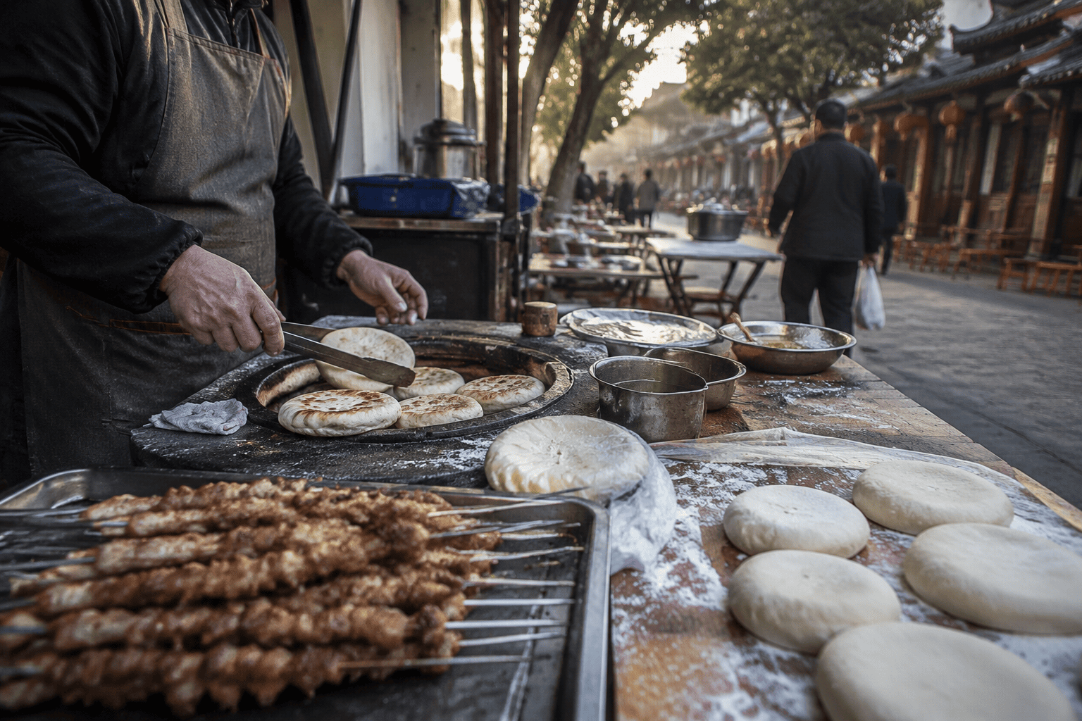 Street food stalls and local life in Xi'an's Muslim Quarter with hand-pulled noodles and lamb skewers