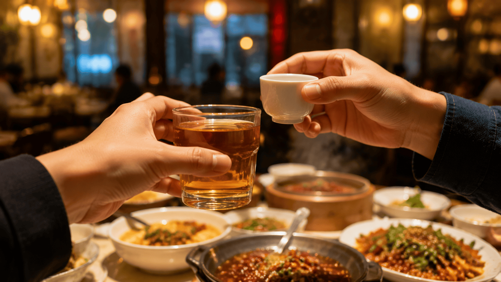 Two hands clinking glasses in a toast — one with tea, one with baijiu, at a Chinese dinner table