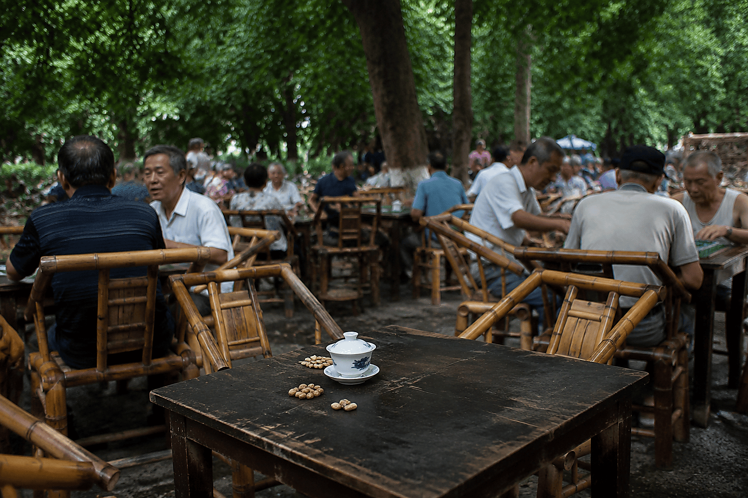 Locals sipping jasmine tea and playing mahjong at a traditional Chengdu teahouse in People's Park
