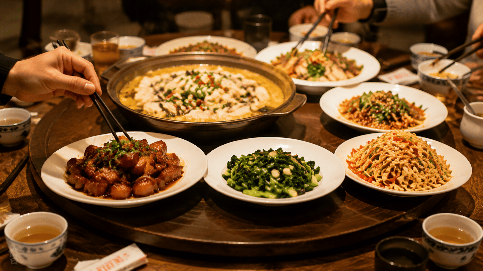 Chinese round table with lazy Susan loaded with multiple shared dishes, chopsticks reaching in from all sides