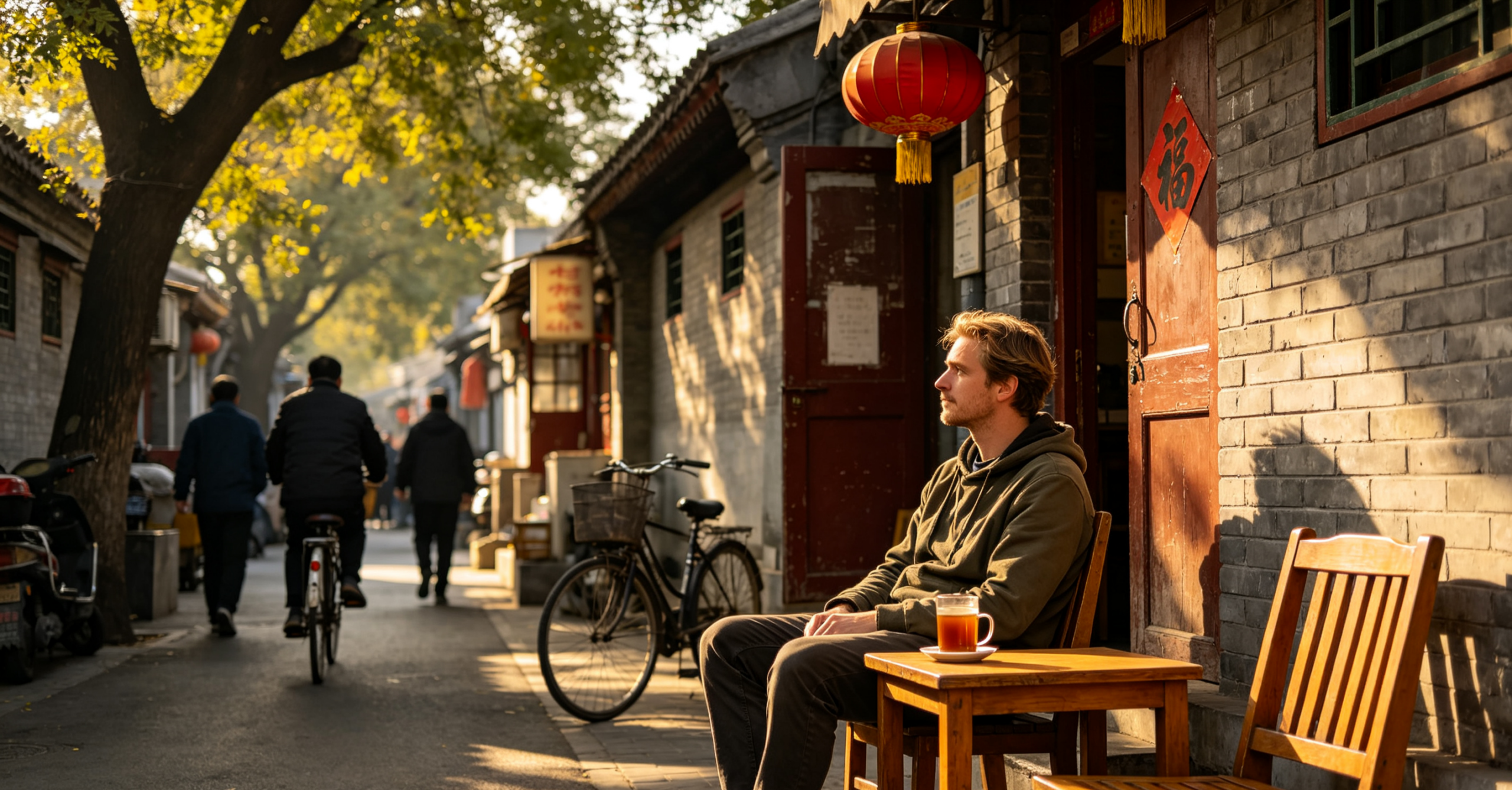 Traveler relaxing at a Beijing hutong tea house — sunlight through locust tree leaves, no rush, just enjoying the moment