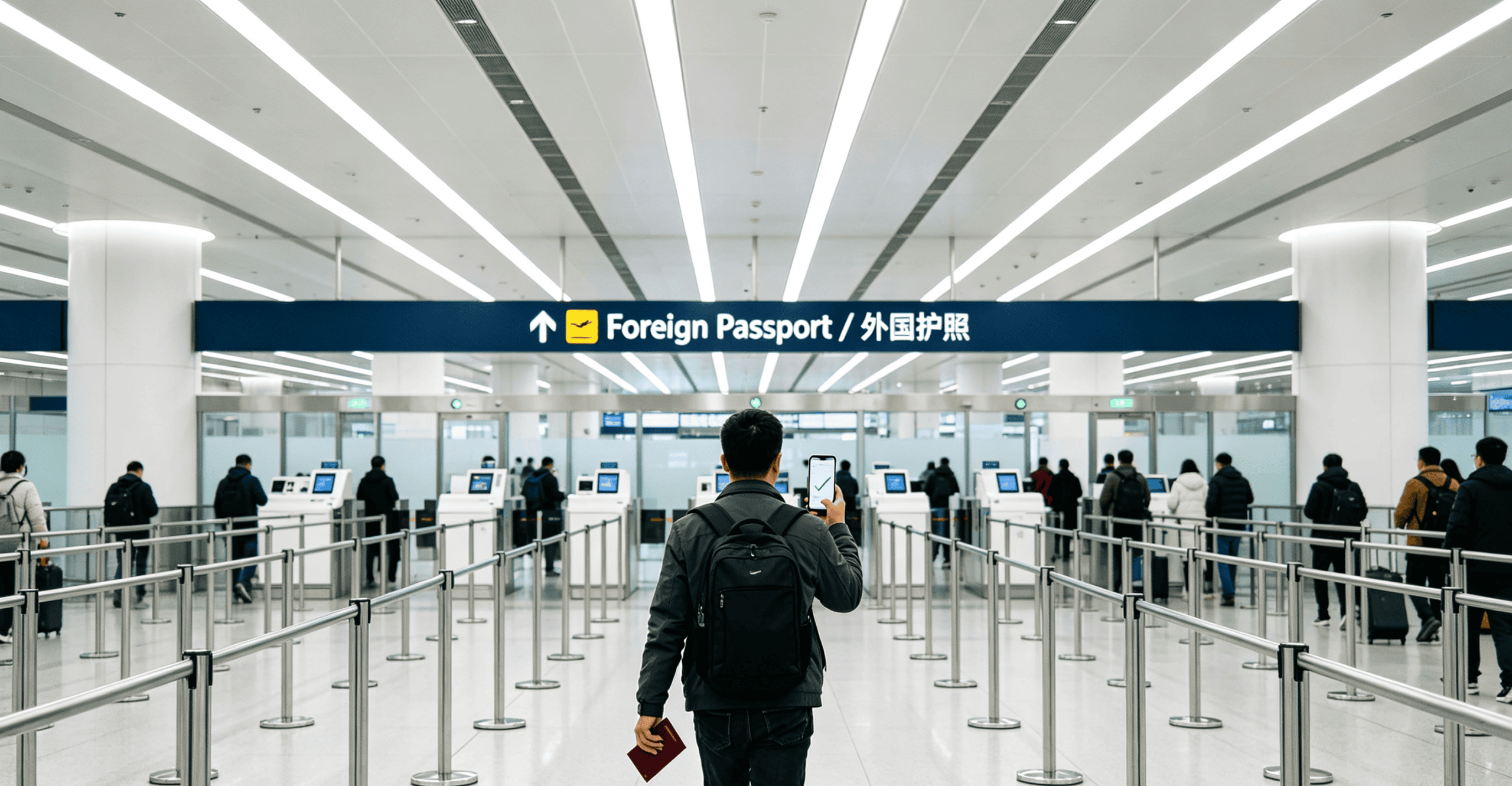 Foreign traveler walking toward immigration at a Chinese airport — passport and phone in hand, no stress, arrival card already done online