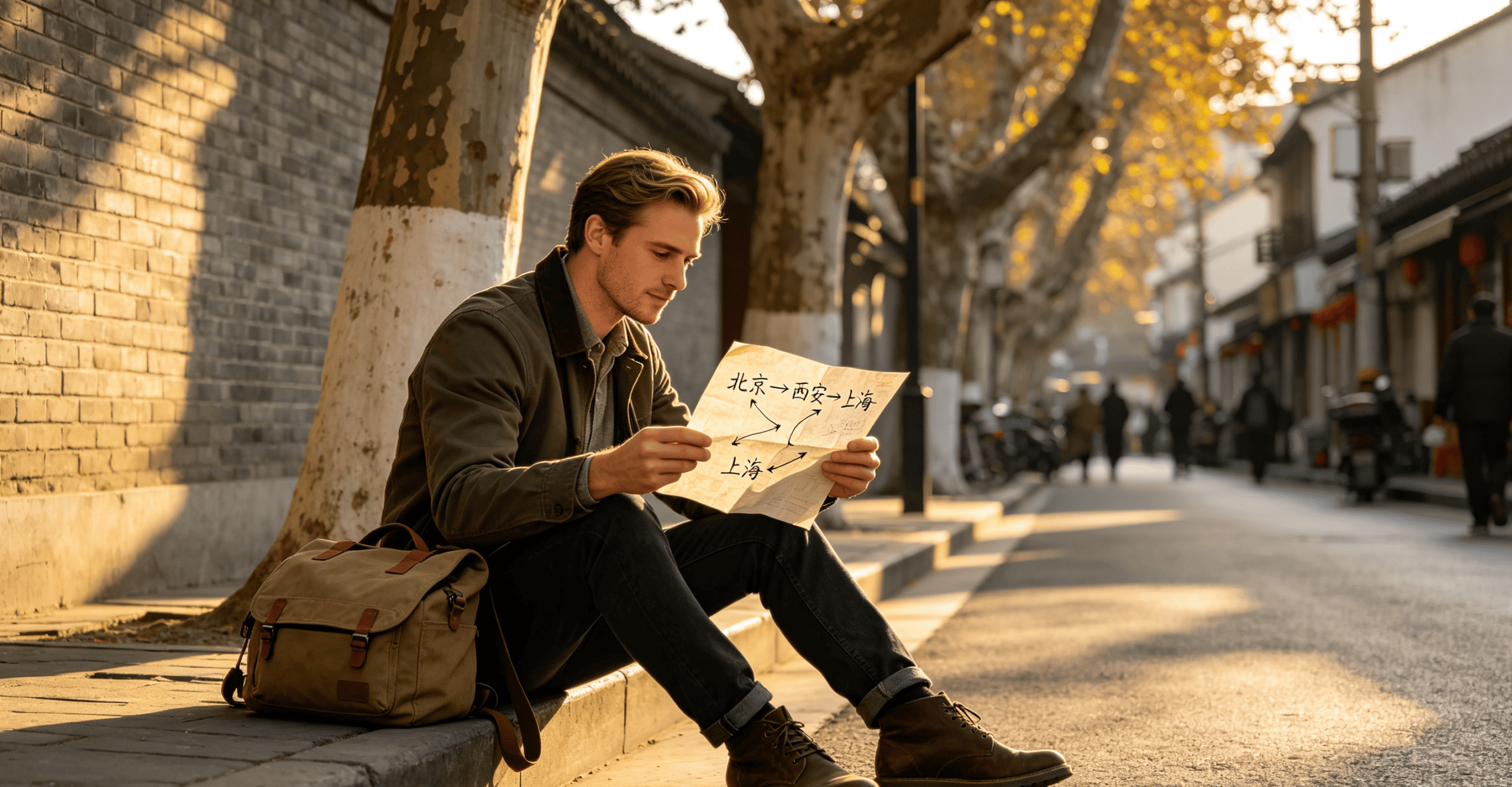Traveler sitting on stone steps reviewing a simple three-city route plan — calm and unhurried, not overwhelmed
