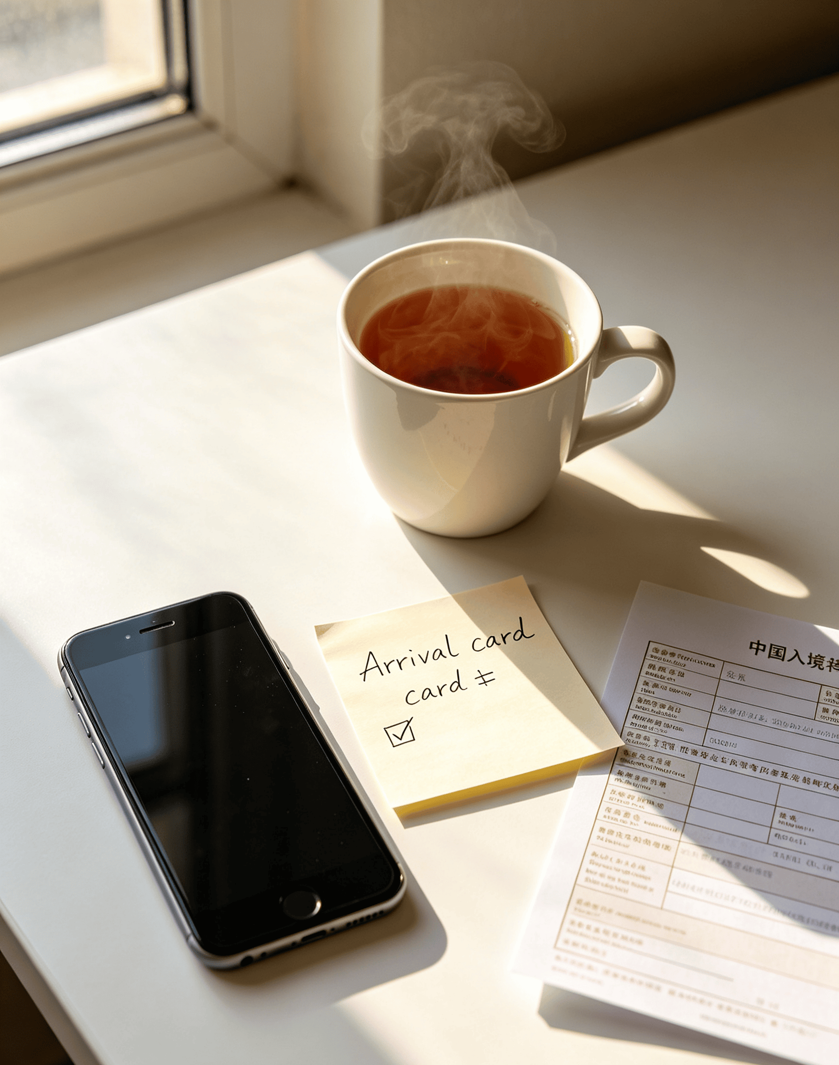 Desk with tea, a handwritten note marked 'Arrival card ✓', and a phone — morning light, all sorted before leaving home