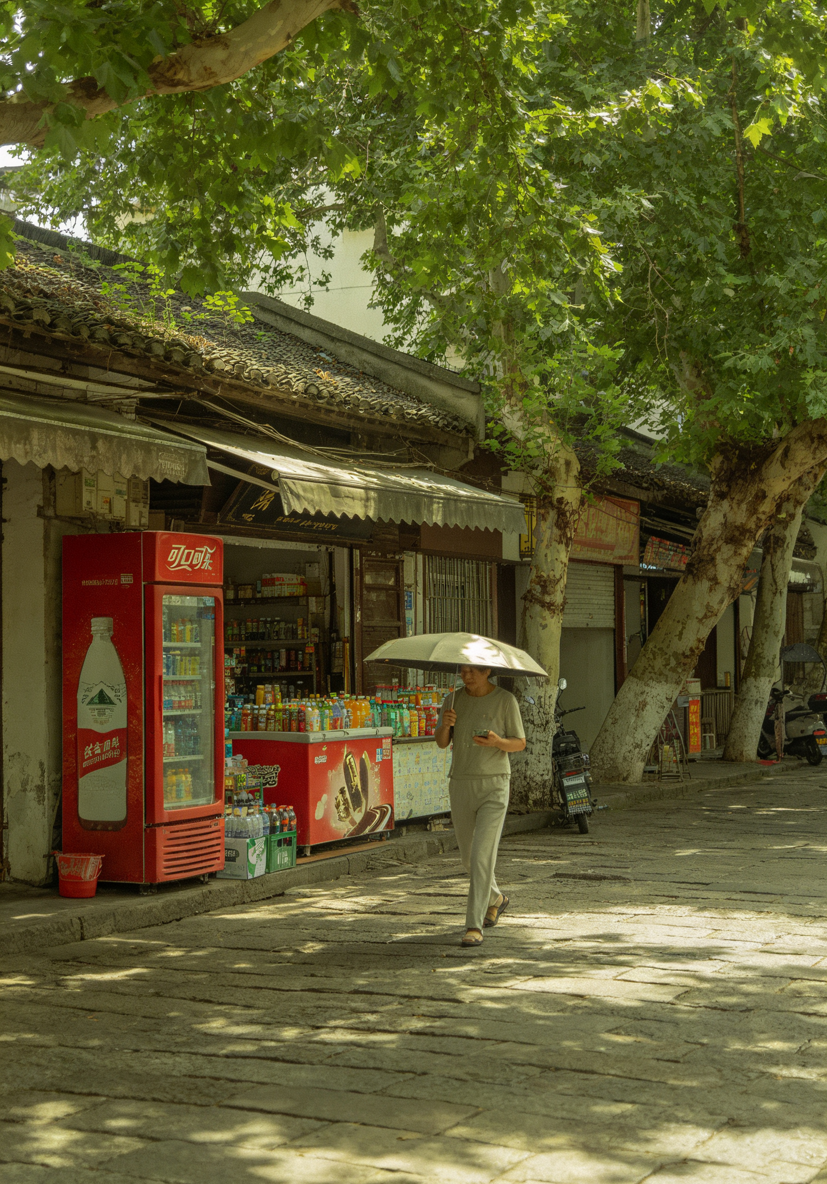 Summer street scene in a small Chinese city — tree-lined lane, dappled sunlight, a local walking with a parasol