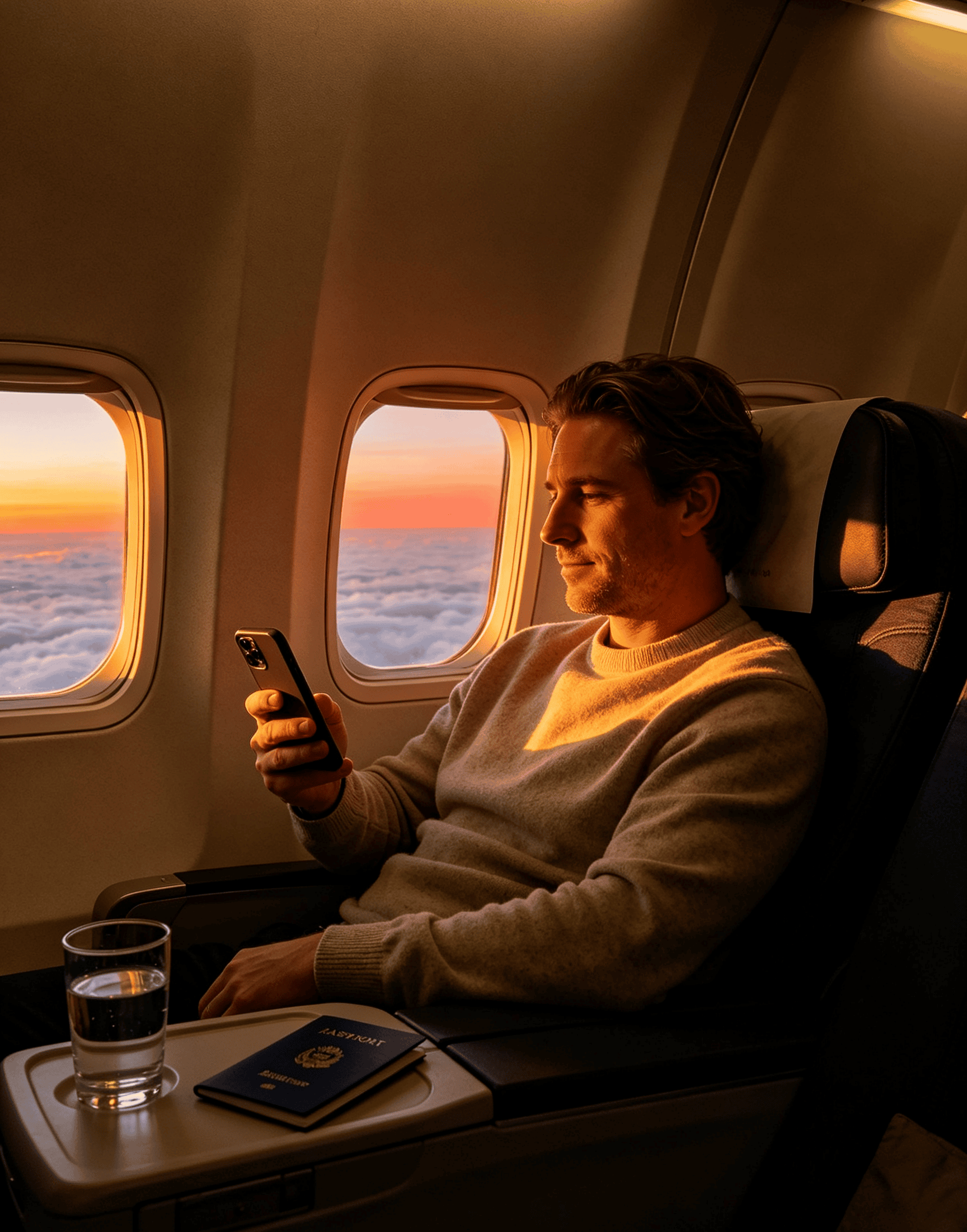 Traveler on a plane looking at a phone with a relaxed expression — arrival card sorted before takeoff