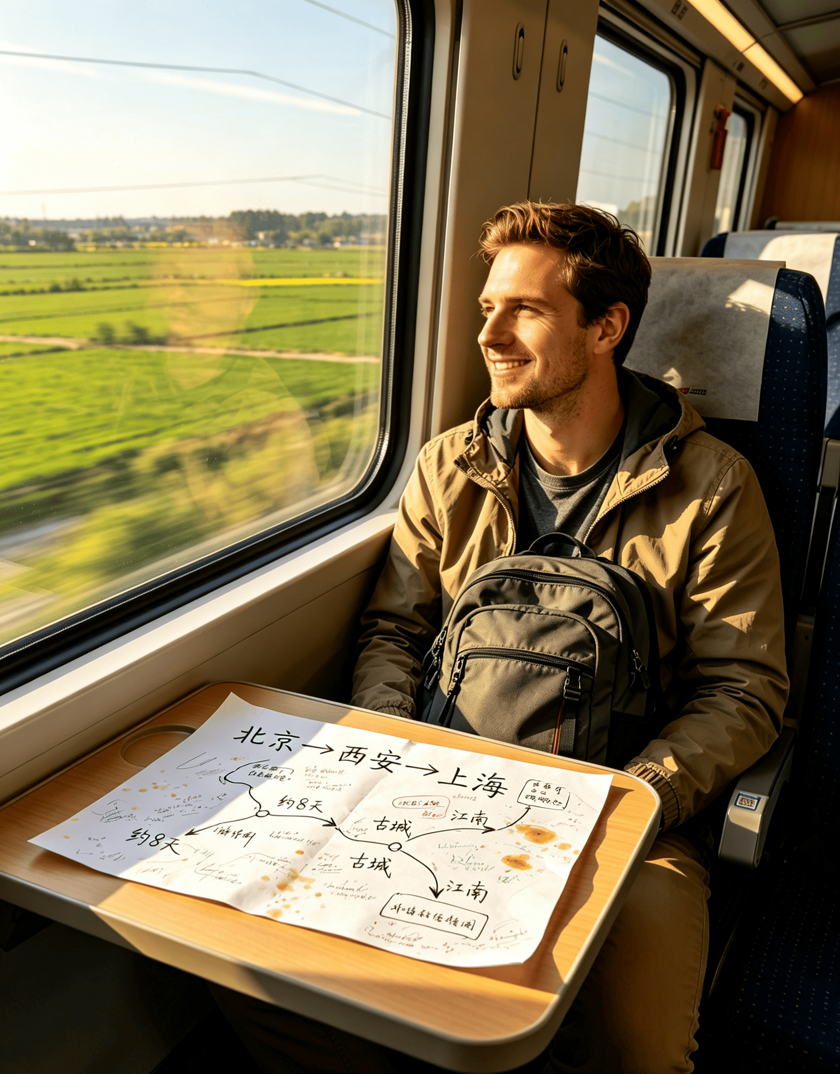 Foreign traveler on a China high-speed train holding a simple route map — Beijing to Xi'an to Shanghai, relaxed and ready