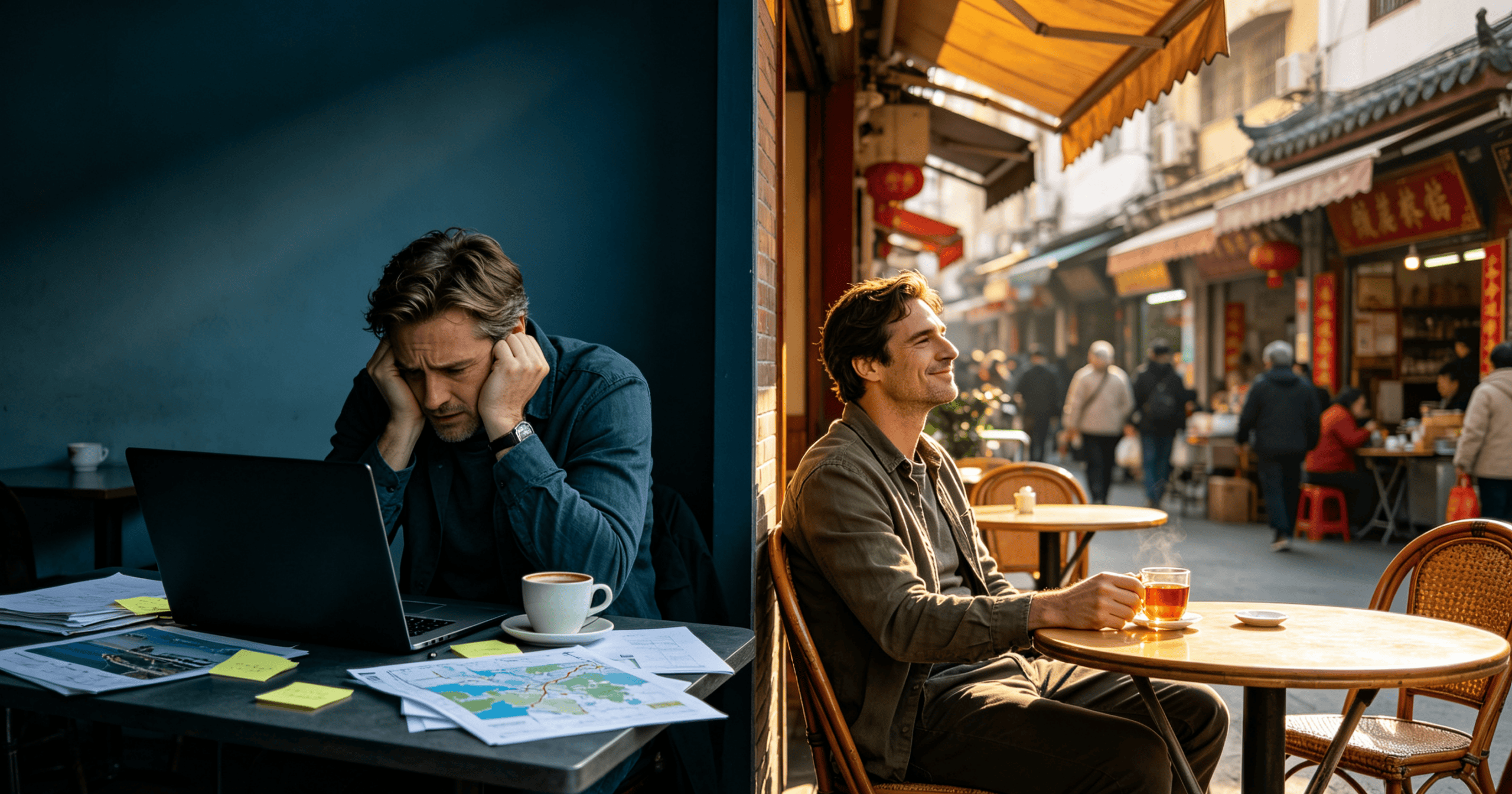 DIY trip planning vs hiring a local planner — left side shows stressful research at a desk, right side shows relaxed traveler enjoying China