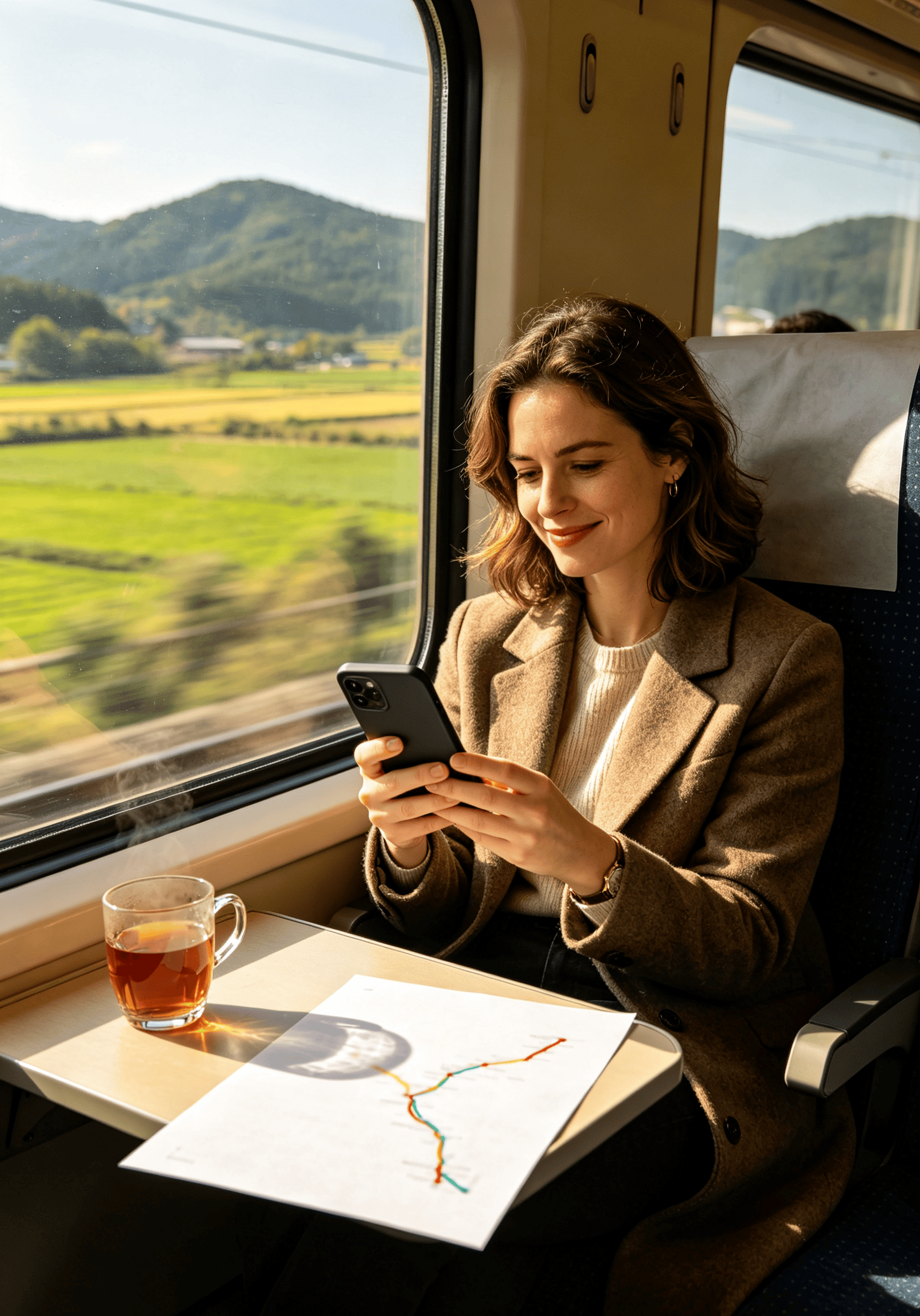 Traveler on a China high-speed train holding a phone with an itinerary — relaxed and enjoying the ride, no stress